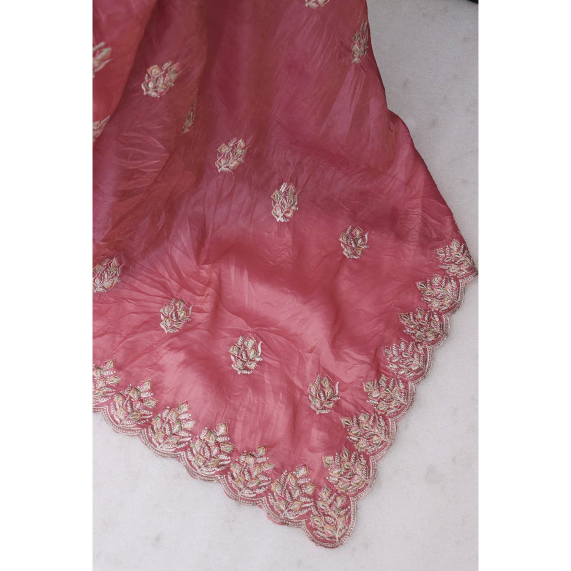 Classic Dusty Pink Silk Blend Crush Saree Beautifully Embellished With Floral Thread Embroidery