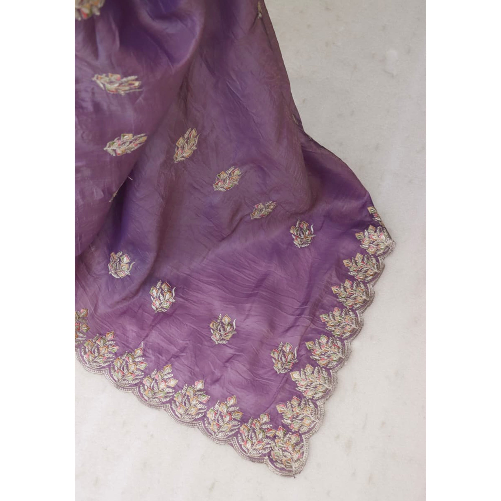 Classic Lavender Silk Blend Crush Saree Beautifully Embellished With Floral Thread Embroidery