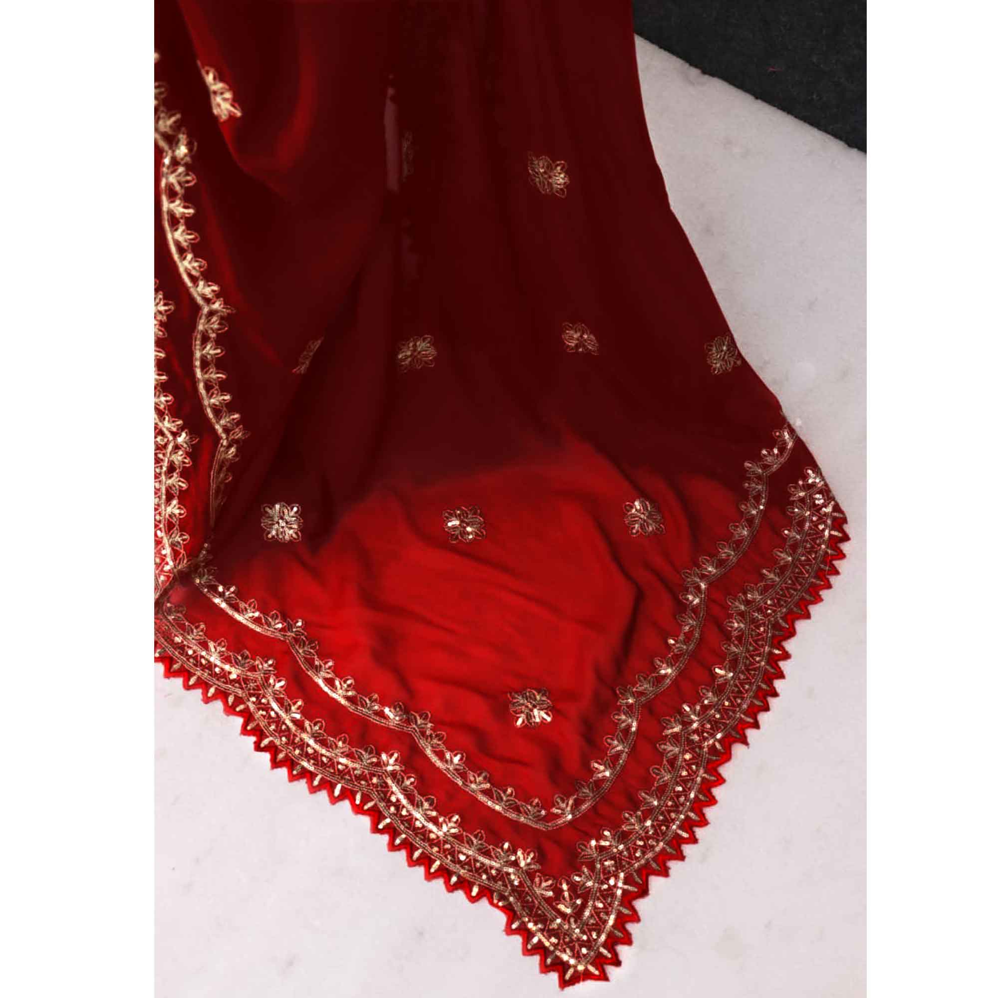 Radiant Red Thread Work Georgette Silk Saree Beautifully Enhanced With Sequins Embellishment
