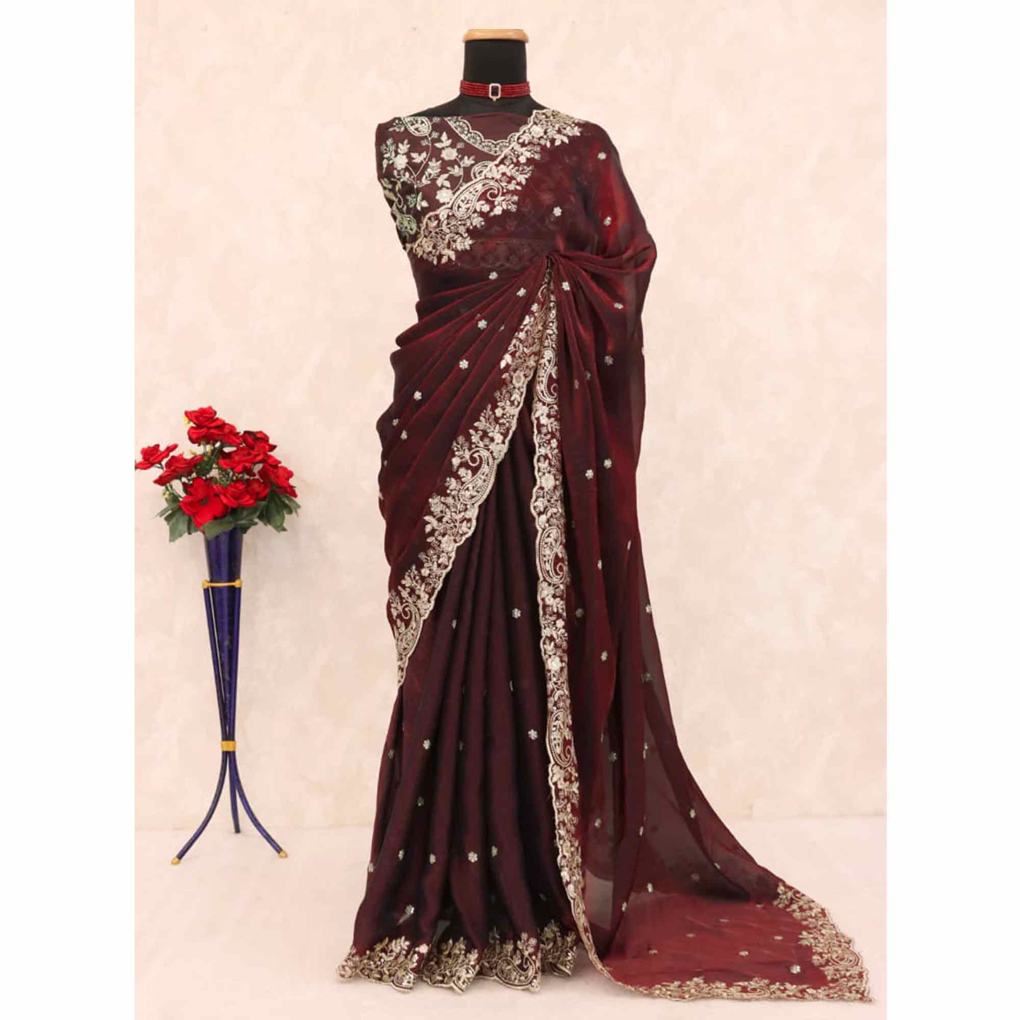 Burgundy Partywear Organza Satin Silk Crush Saree with Delicate Floral Embroidery