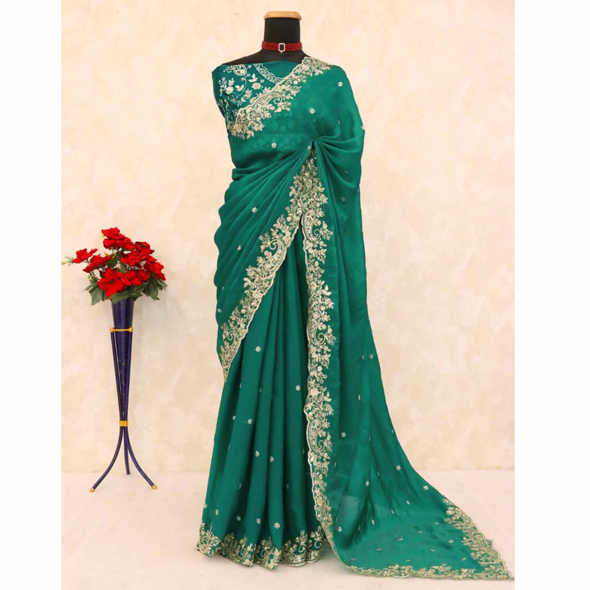 Green Partywear Organza Satin Silk Crush Saree with Delicate Floral Embroidery
