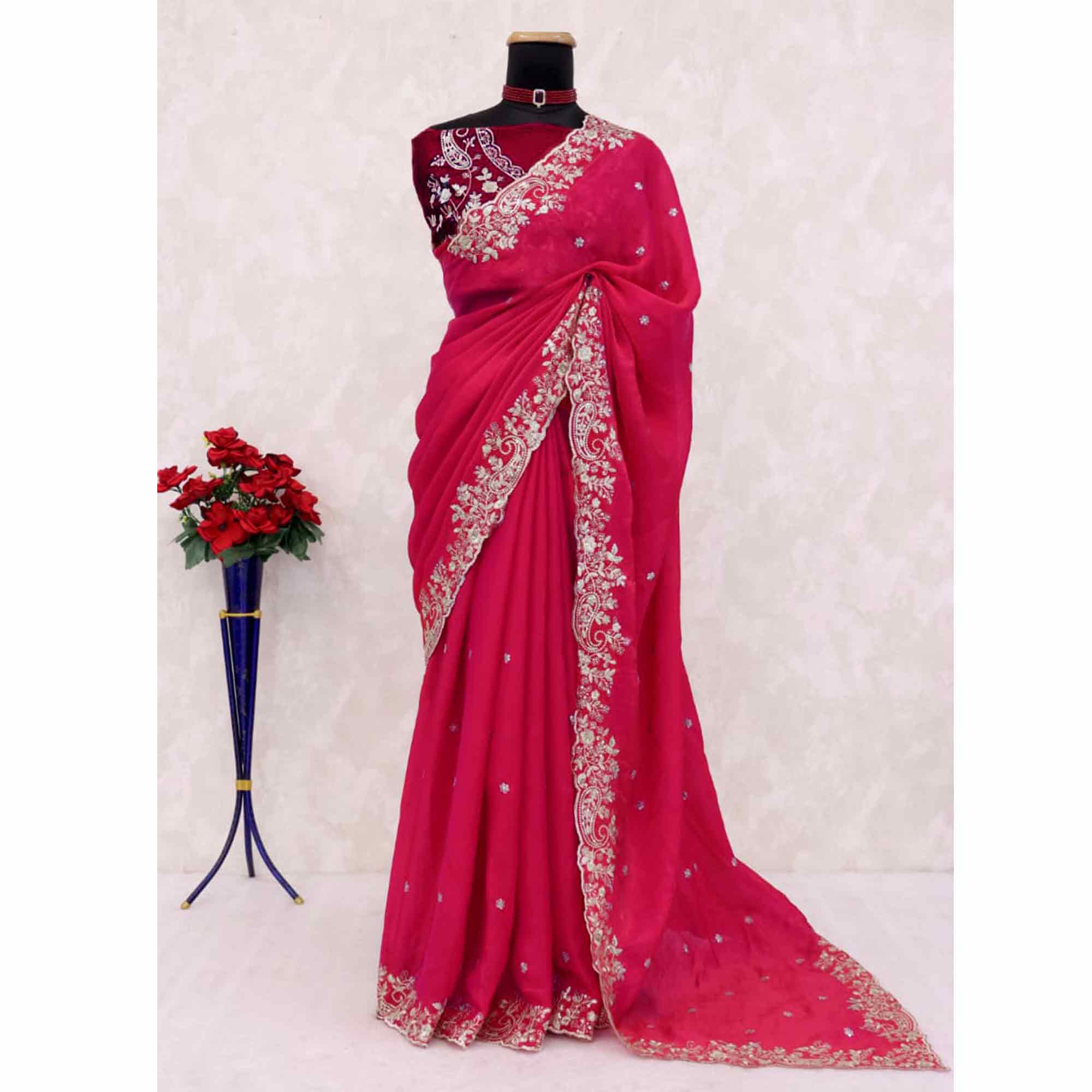 Pink Partywear Organza Satin Silk Crush Saree with Delicate Floral Embroidery