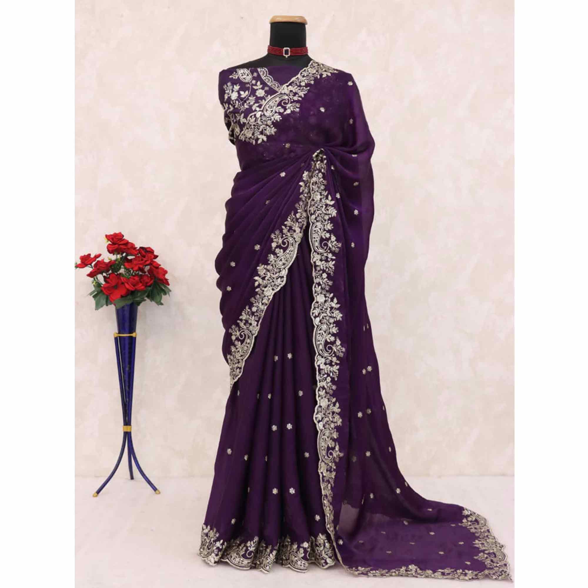 Purple Partywear Organza Satin Silk Crush Saree with Delicate Floral Embroidery