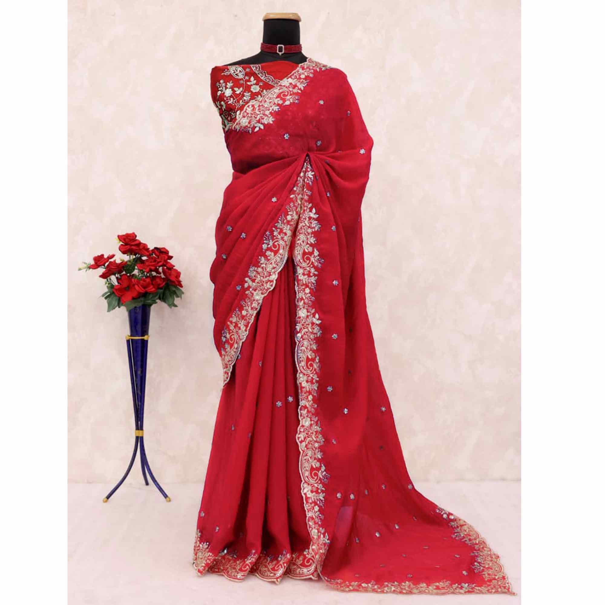 Red Partywear Organza Satin Silk Crush Saree with Delicate Floral Embroidery