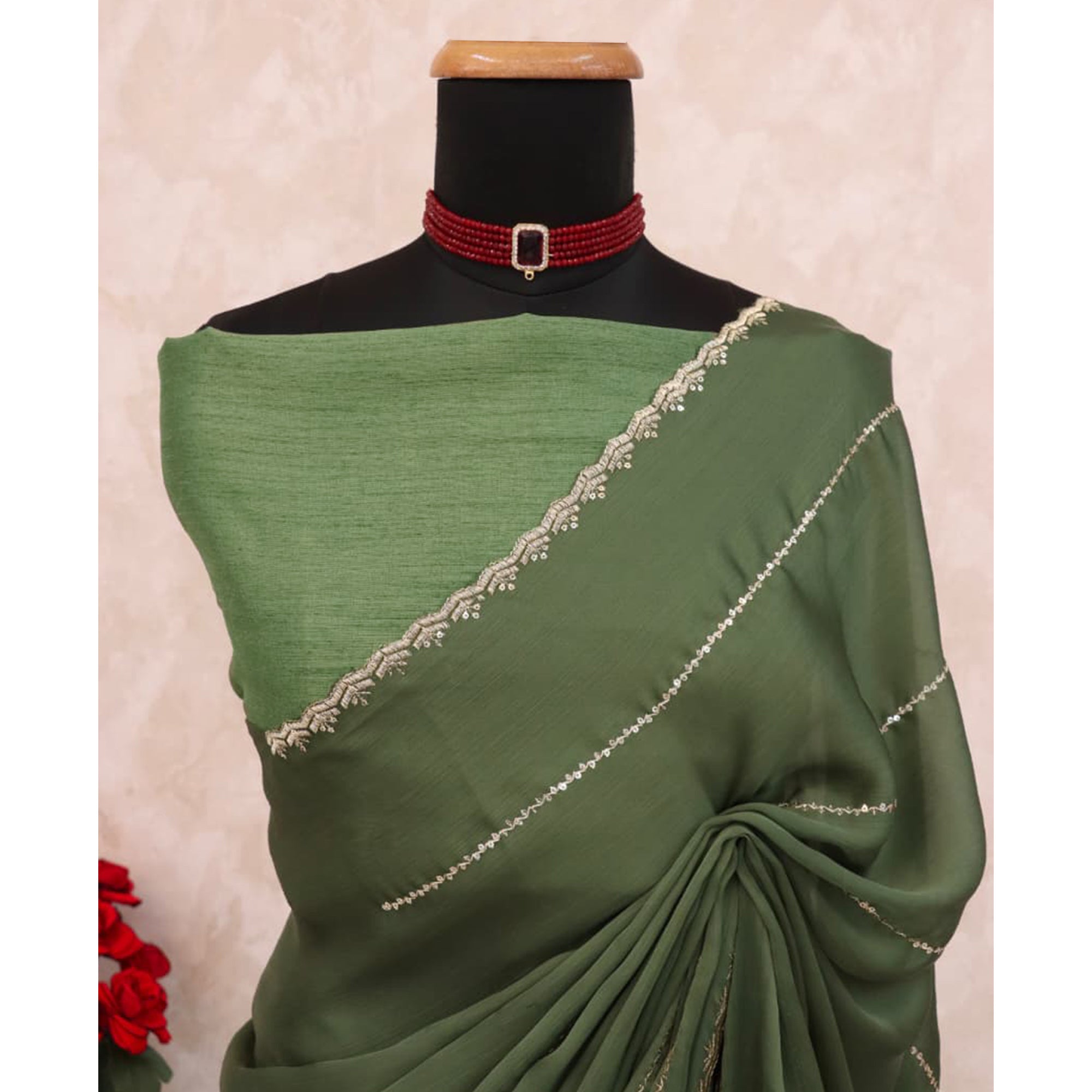 Green Soft Satin Chiffon Saree Adorned with Intricate Sequins Detailing