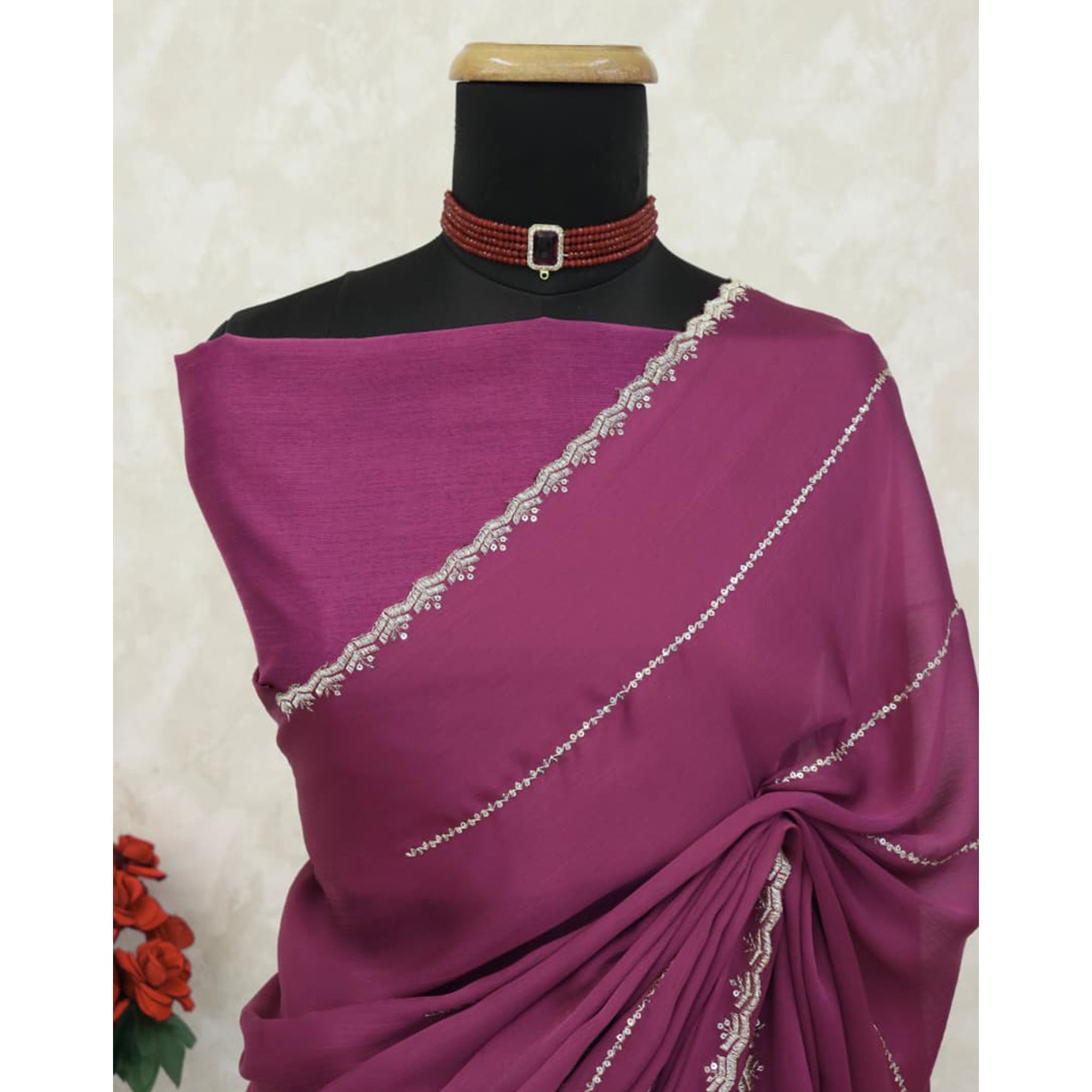 Mauve Soft Satin Chiffon Saree Adorned with Intricate Sequins Detailing