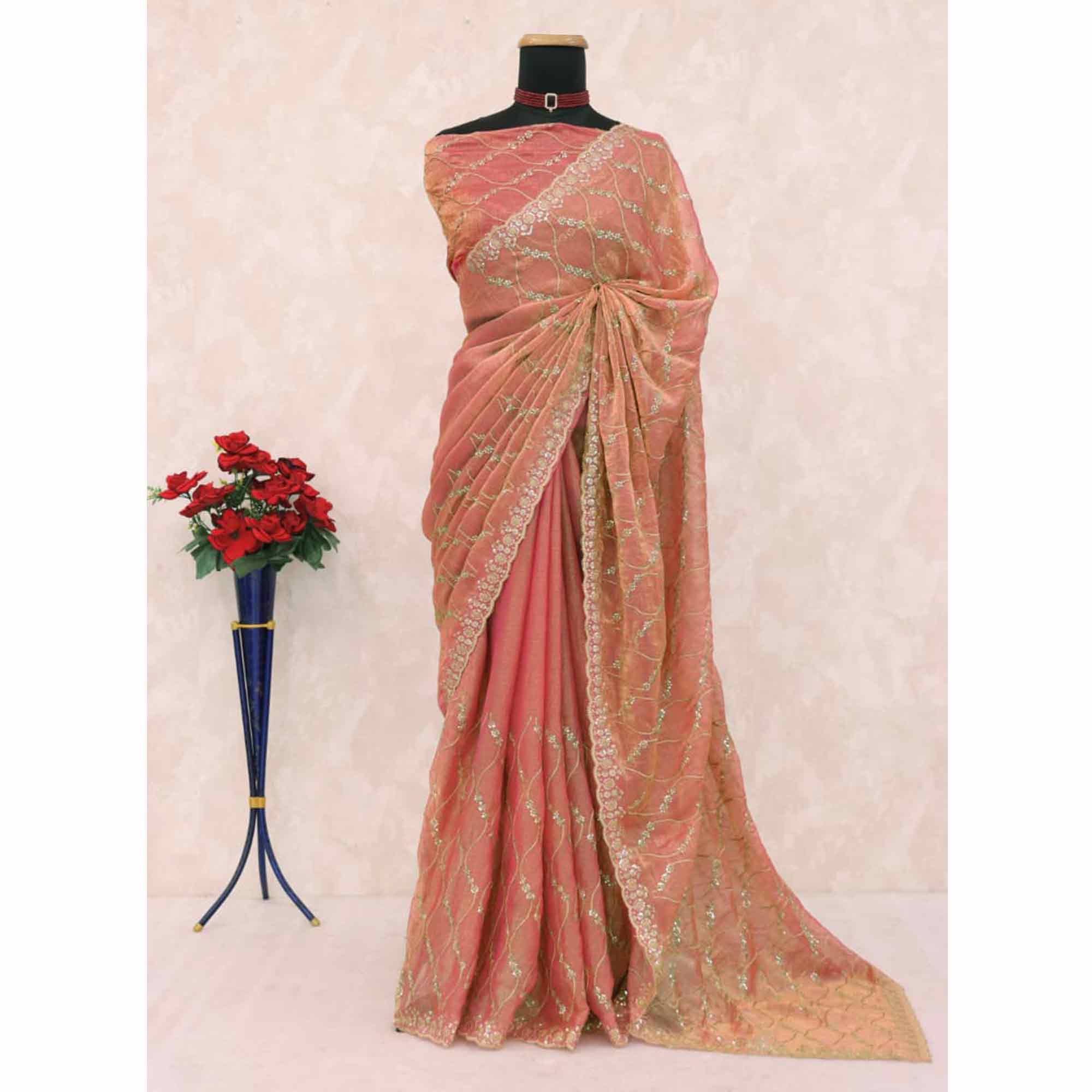 Peach Partywear Organza Chiffon Silk Saree Highlighted with Fine Sequins Detailing