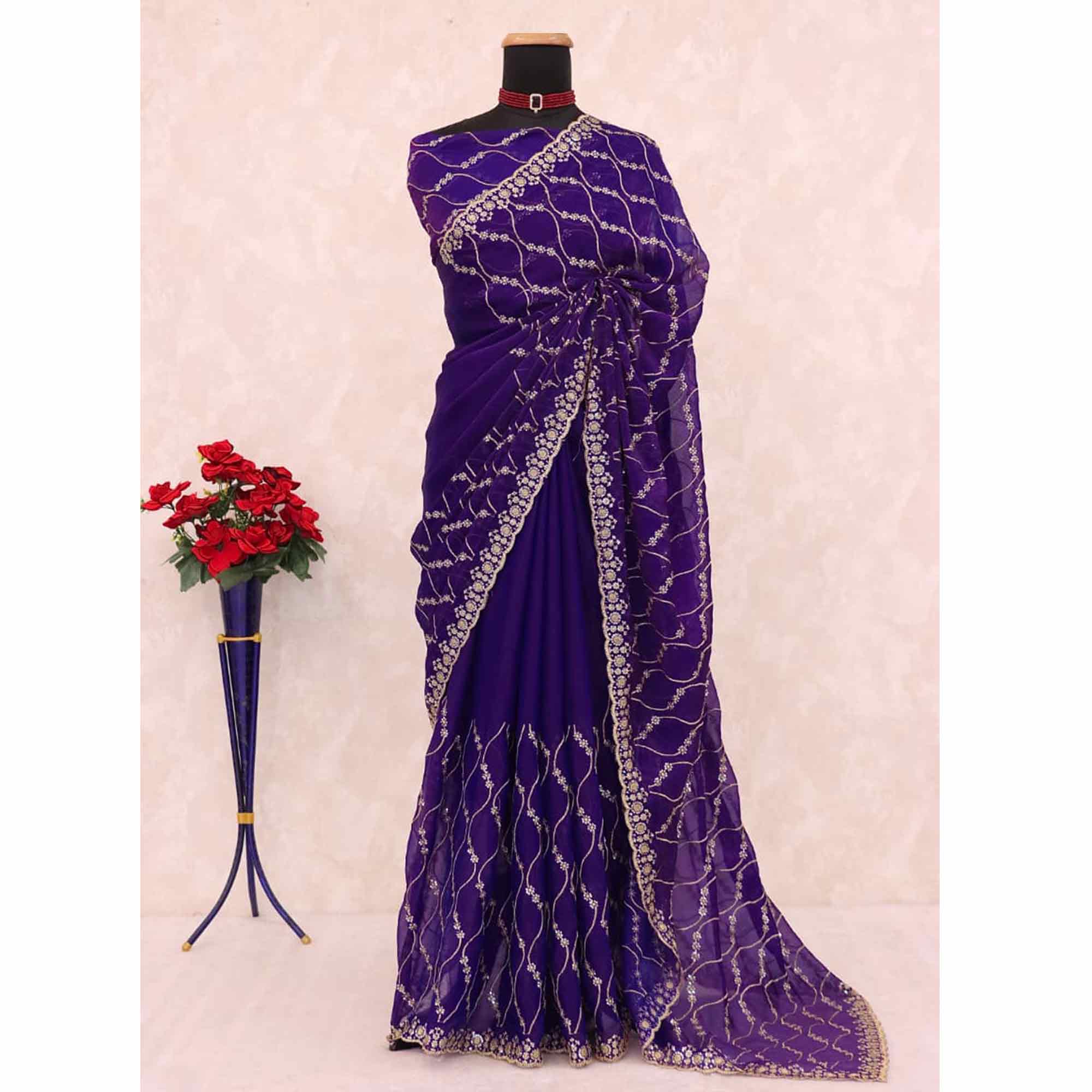 Violet Partywear Organza Chiffon Silk Saree Highlighted with Fine Sequins Detailing
