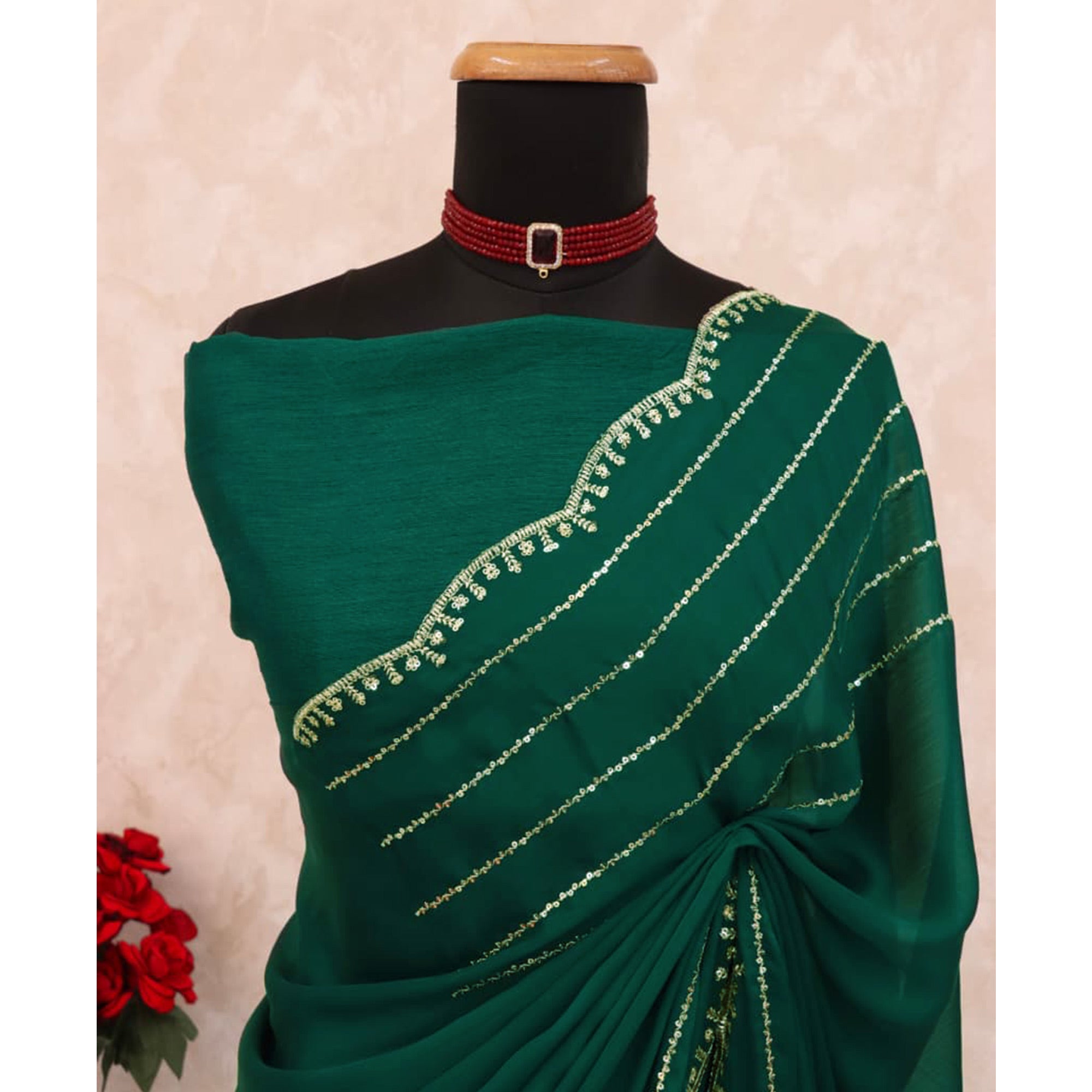 Green Soft Satin Chiffon Saree Embellished with Intricate Sequins Detailing