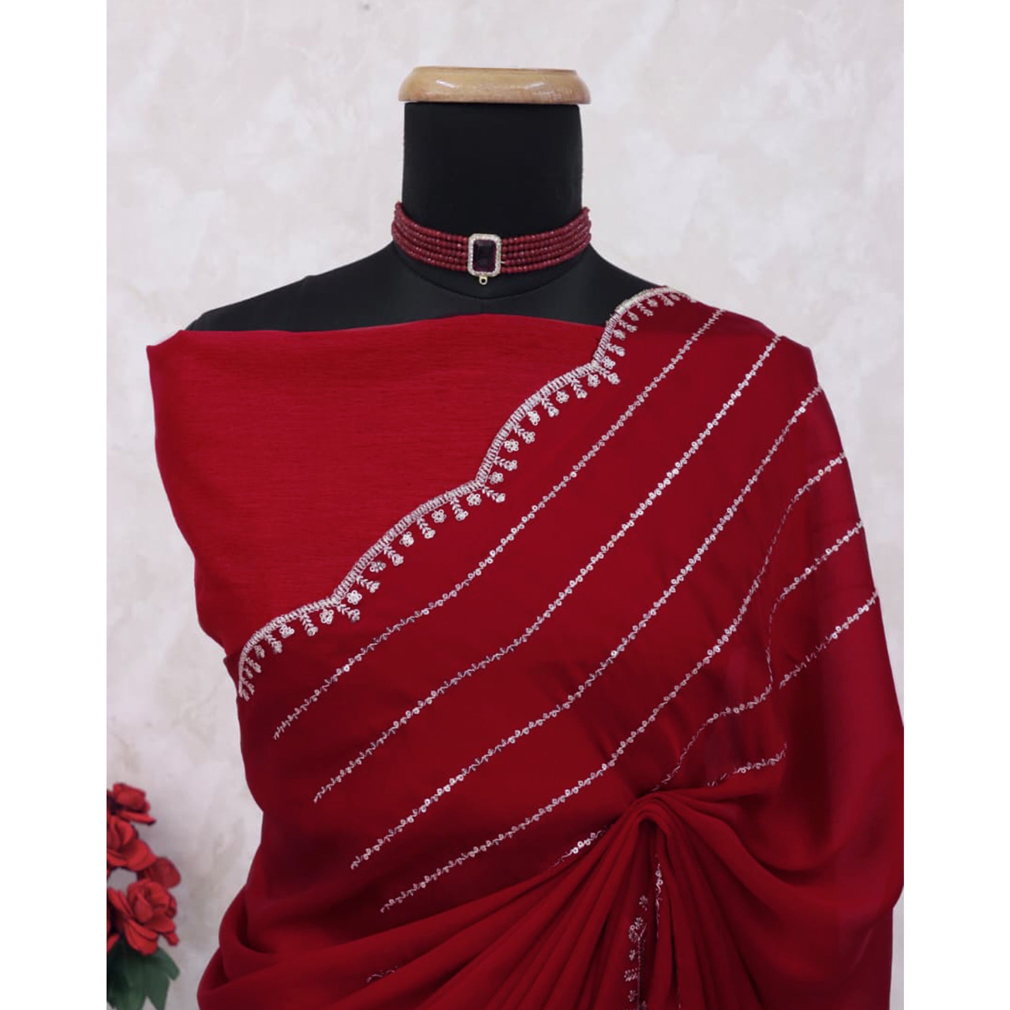 Maroon Soft Satin Chiffon Saree Embellished with Intricate Sequins Detailing