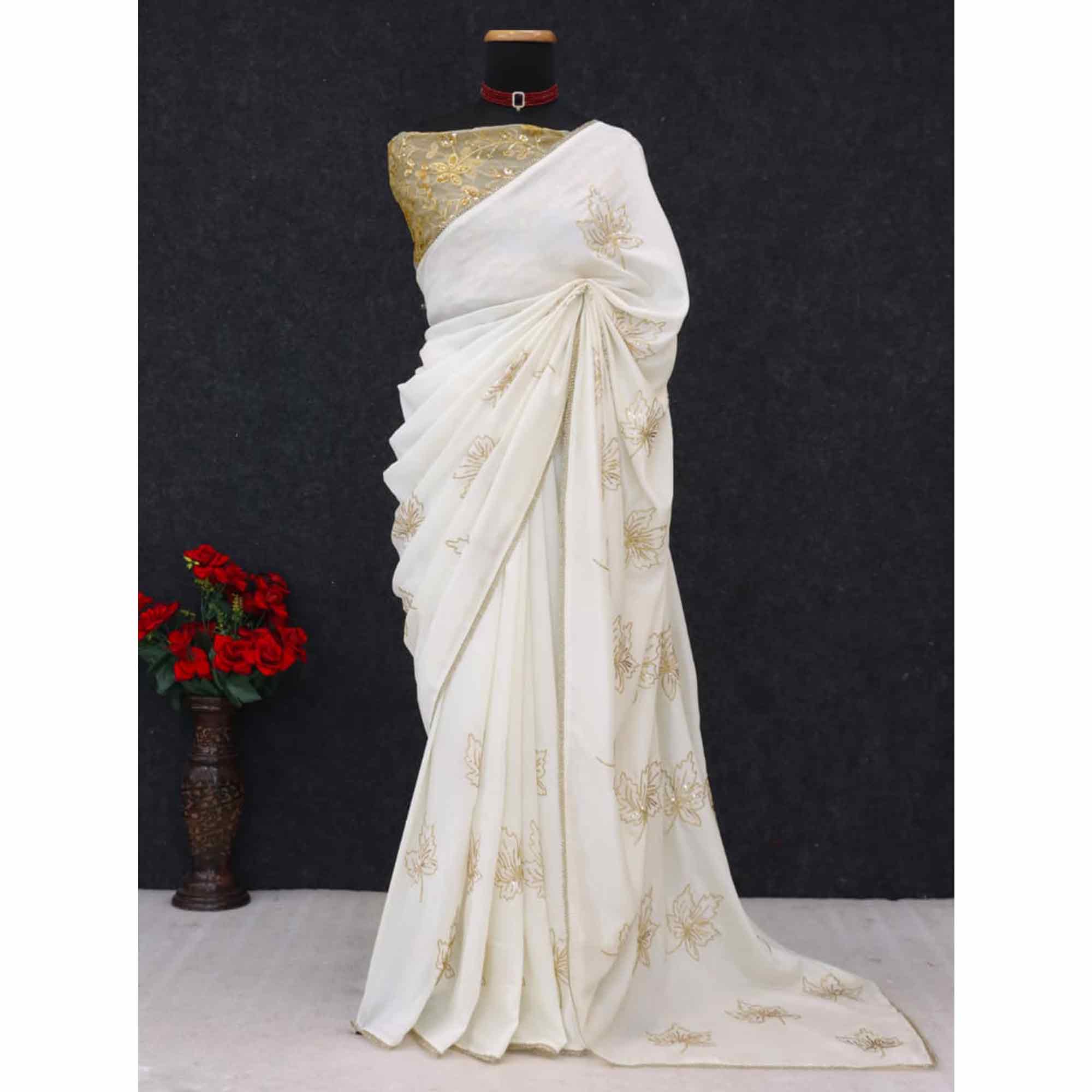 Glamorous Off White Sequin Embellished Saree in Premium Vichitra Silk