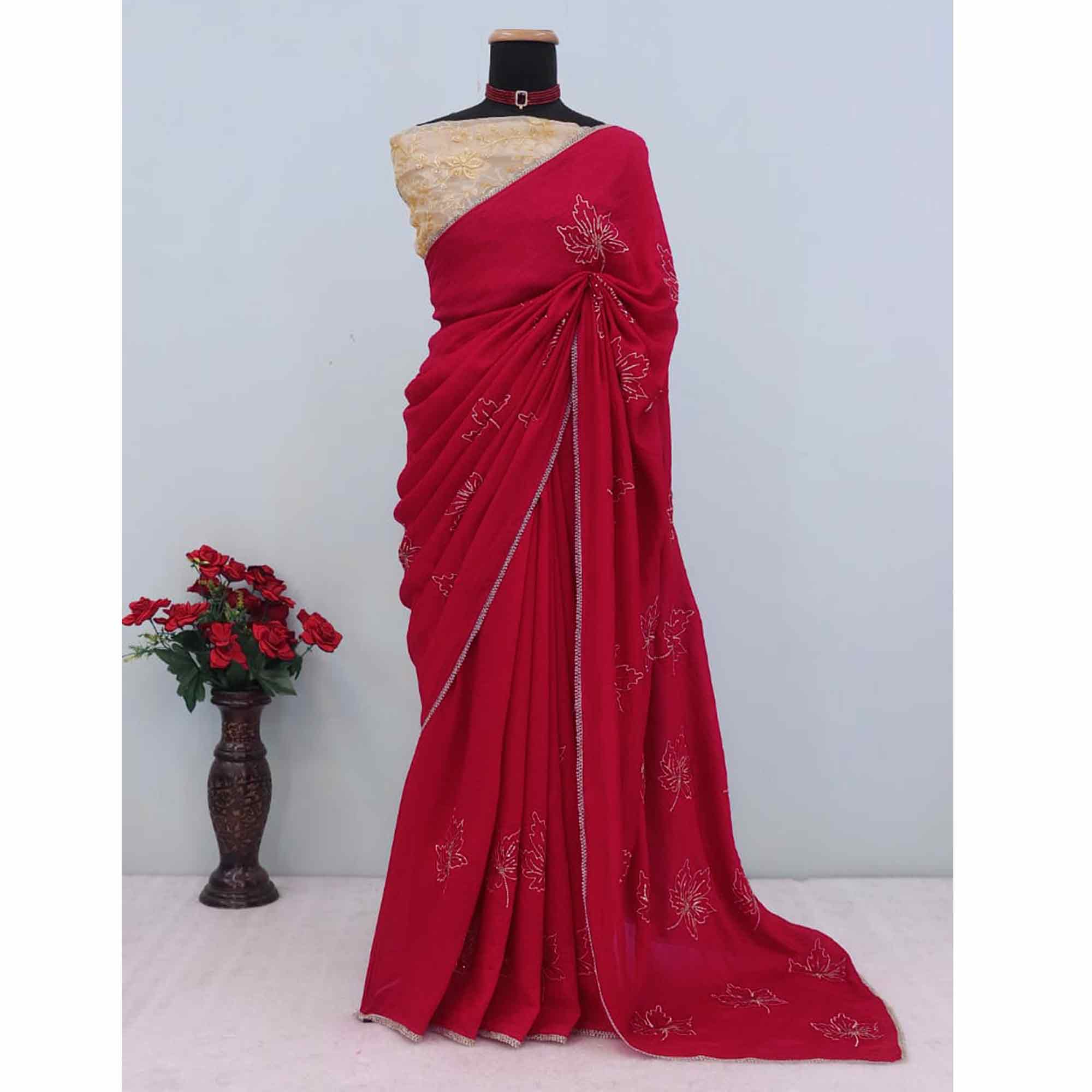 Glamorous Pink Sequin Embellished Saree in Premium Vichitra Silk