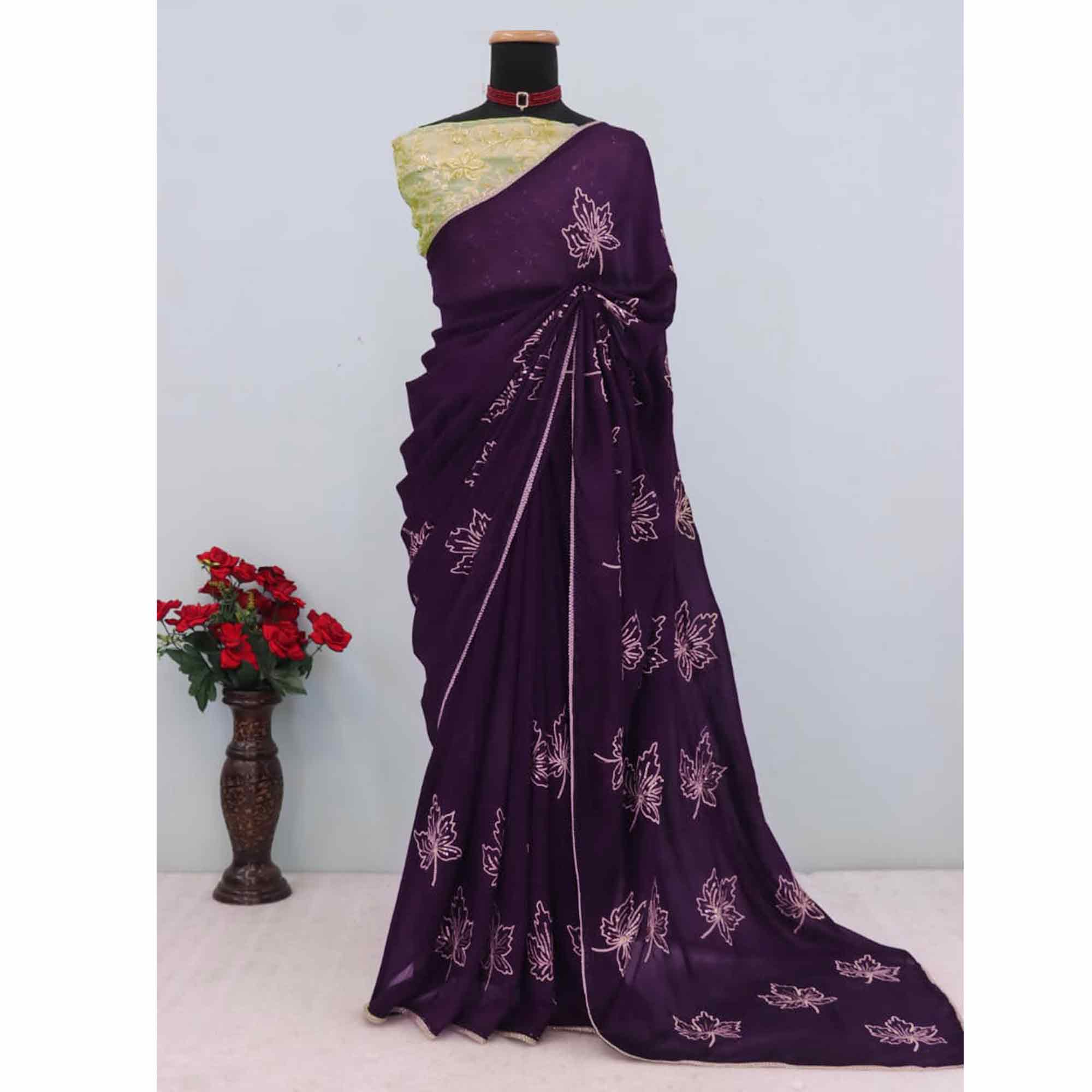 Glamorous Purple Sequin Embellished Saree in Premium Vichitra Silk
