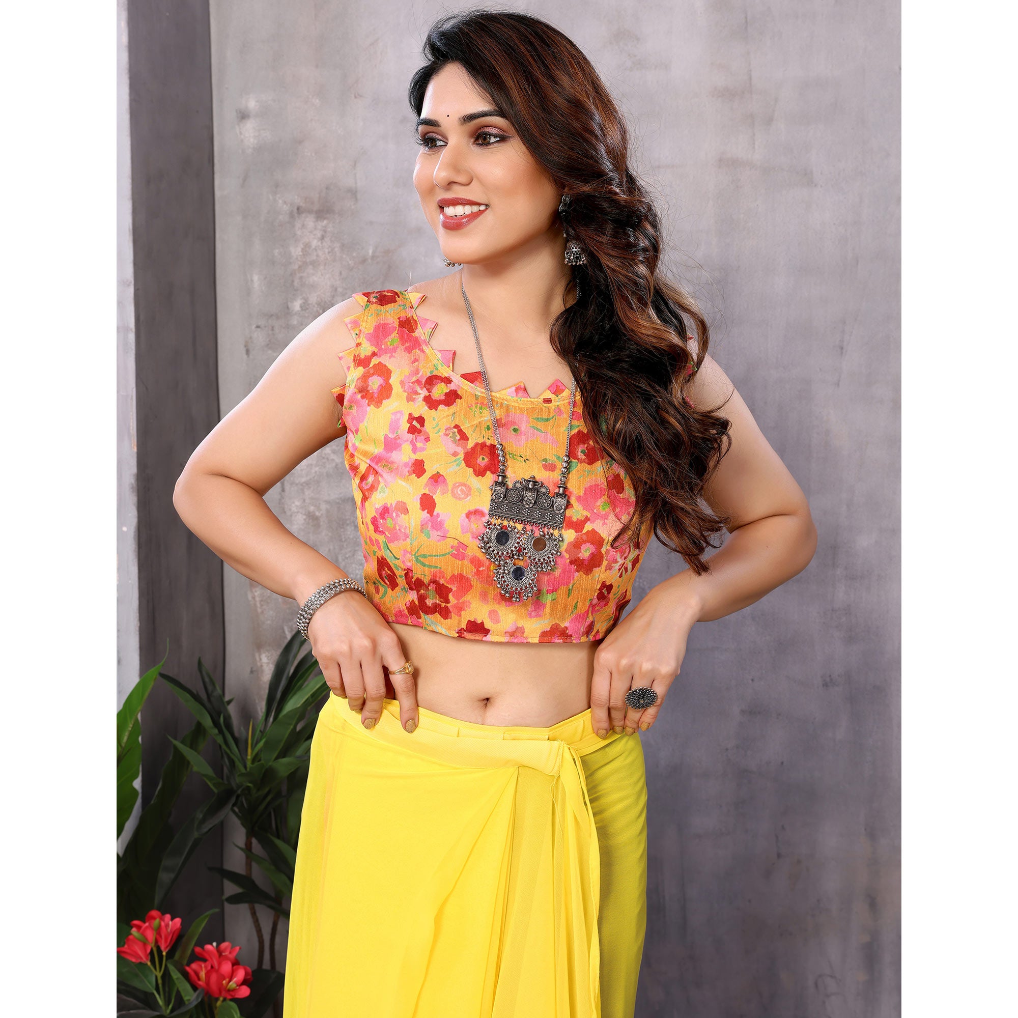 Yellow & Pink Ombre Printed Georgette Ready To Wear Saree