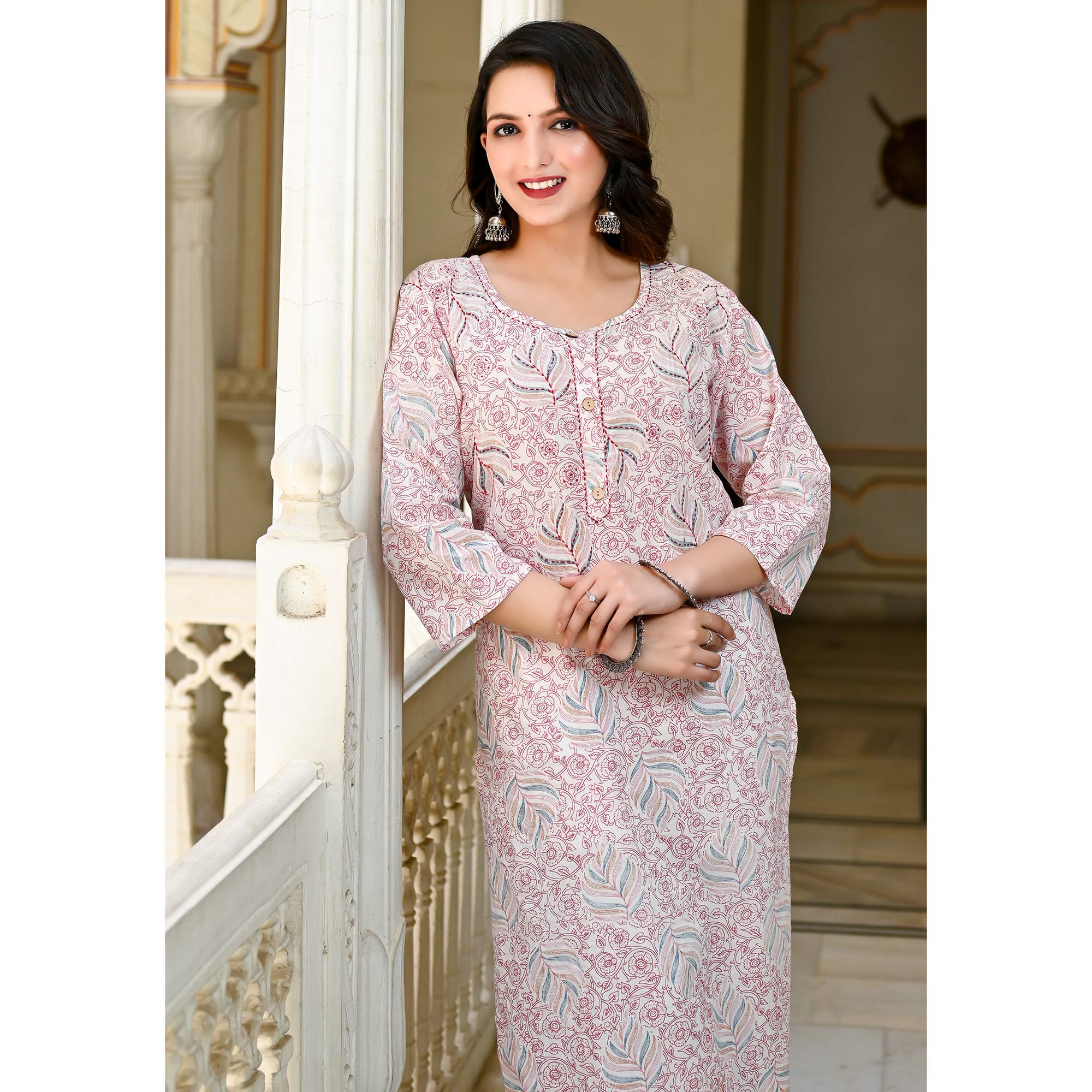 Pink & White Floral Printed Pure Cotton Kurti