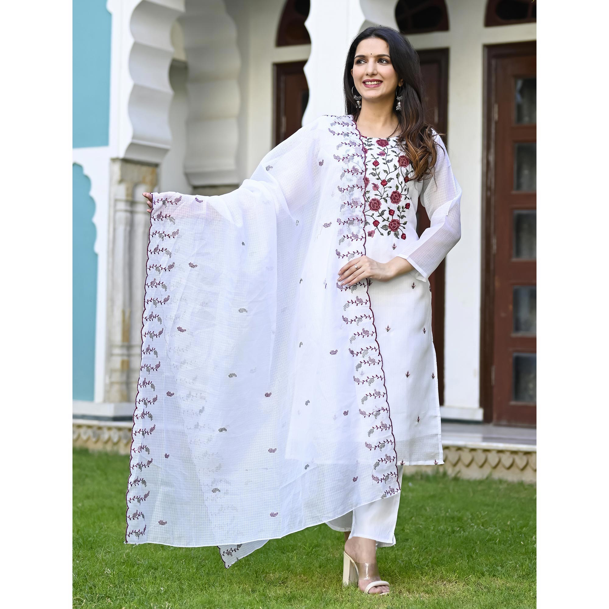 White Floral Sequins Embroidered Kota Doria Salwar Suit