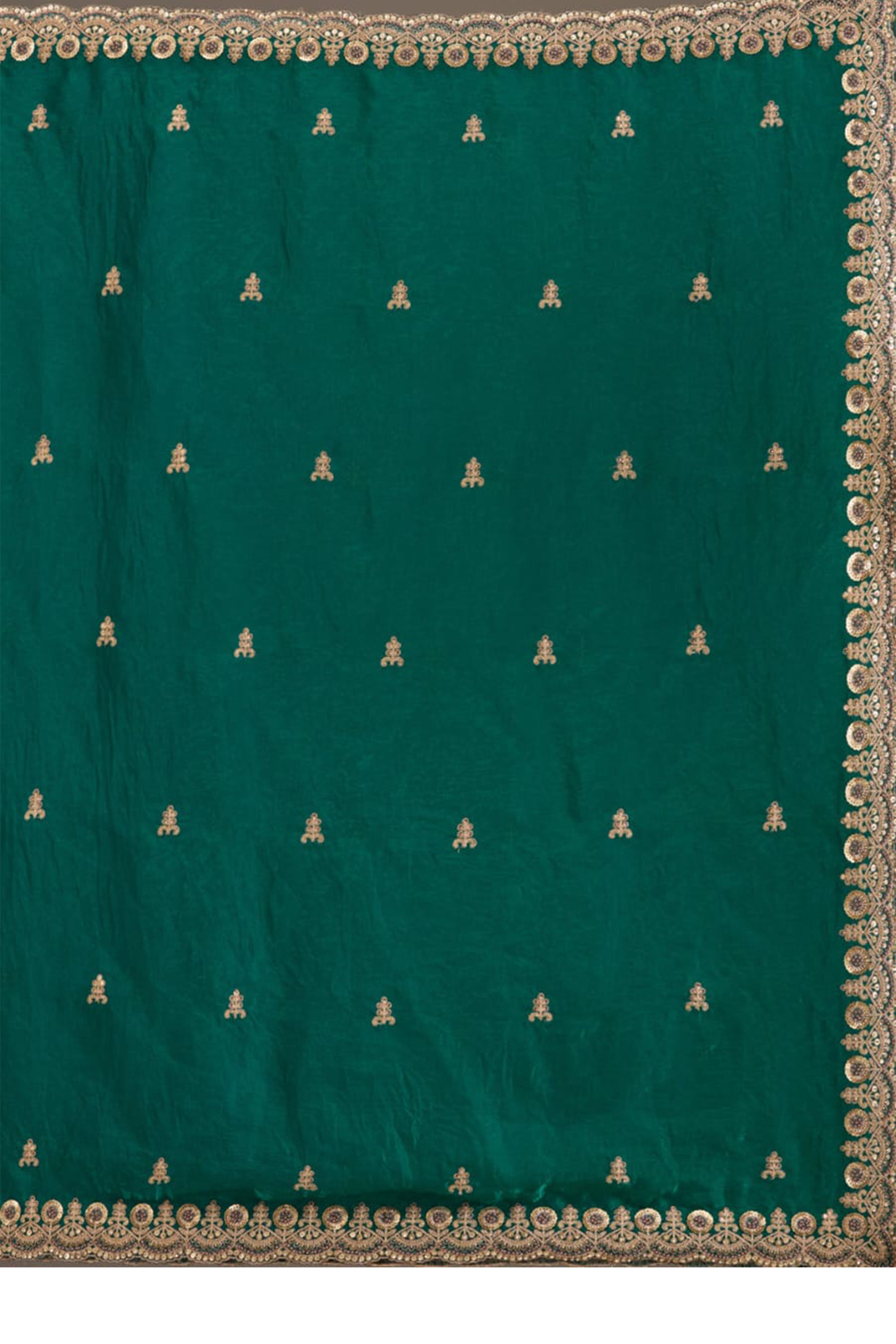 Trendy Green Fancy Satin Saree Enhanced With Rich Golden Embroidered Design