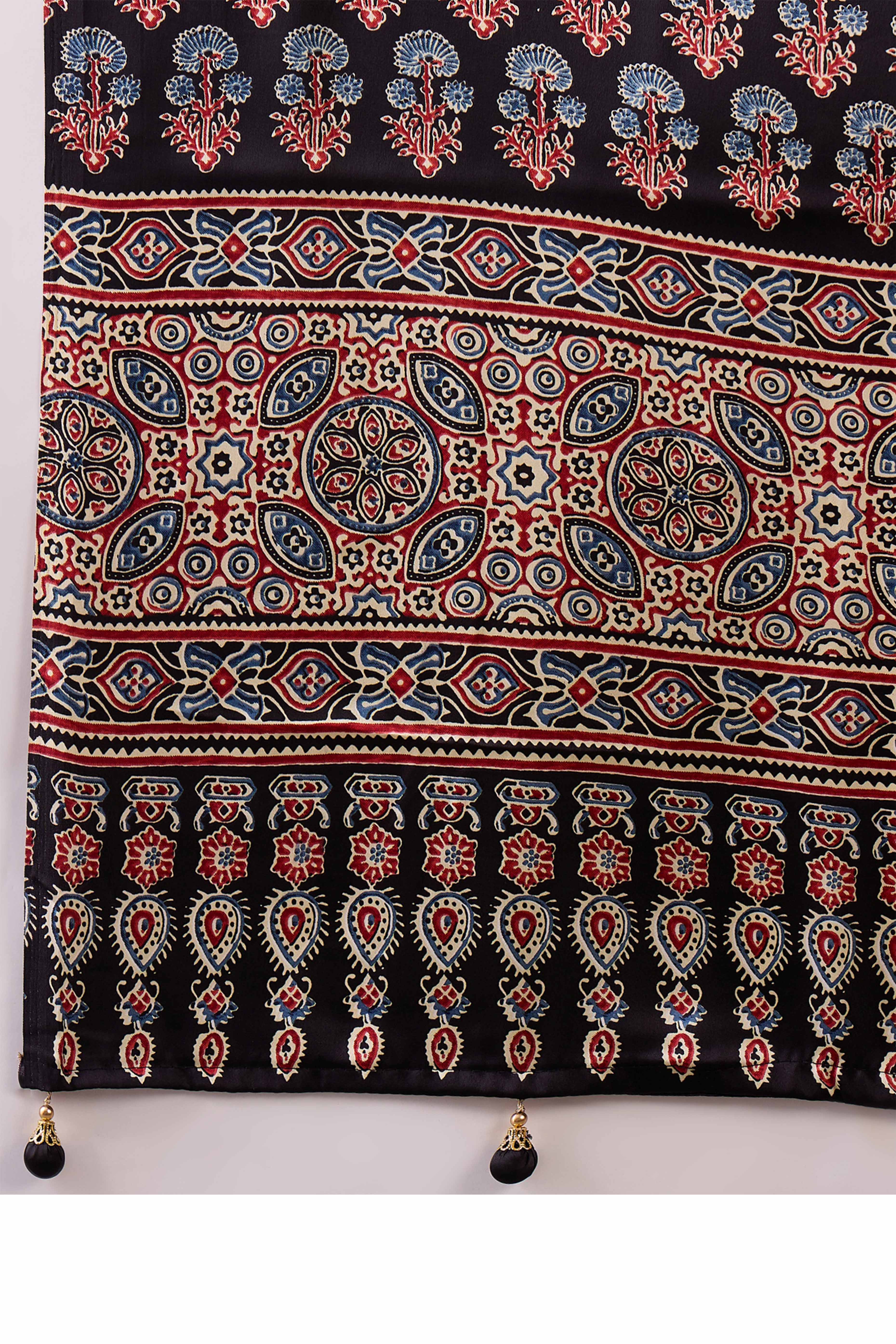 Black Ajrakh Inspired Printed Modal Satin Saree for Party Occasions