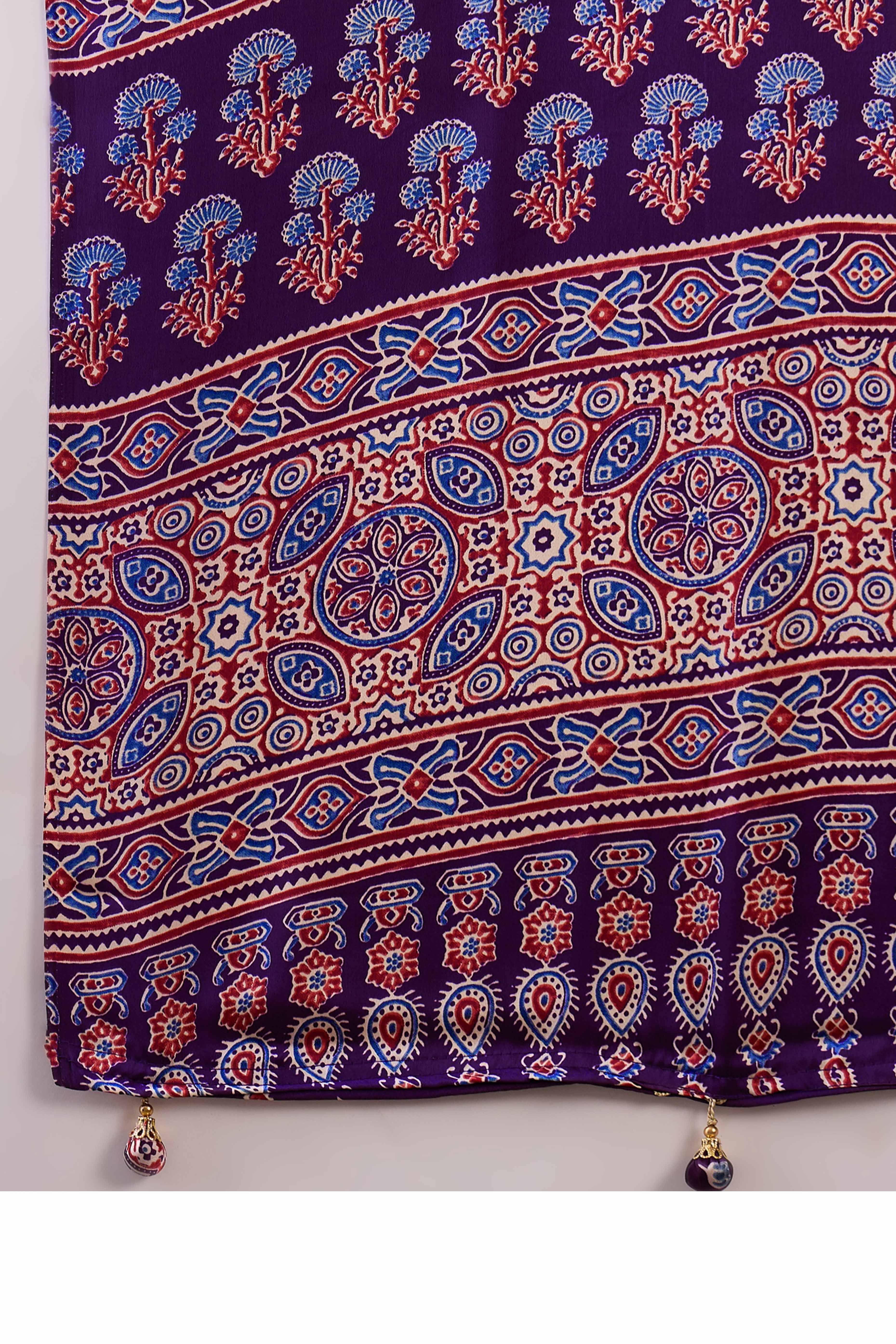Purple Ajrakh Inspired Printed Modal Satin Saree for Party Occasions