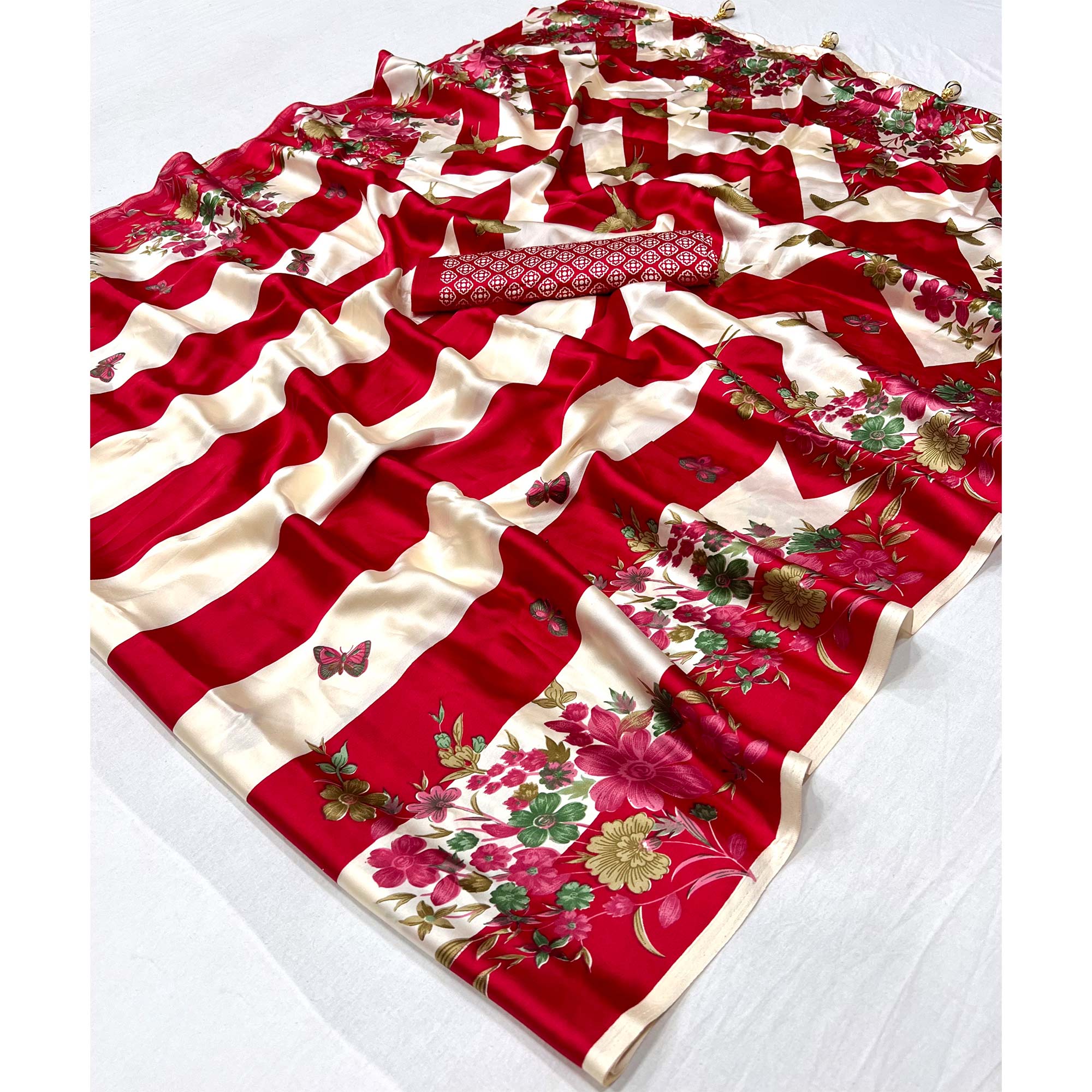 Red Floral Printed Modal Satin Party Wear Saree with a Smooth Satin Finish