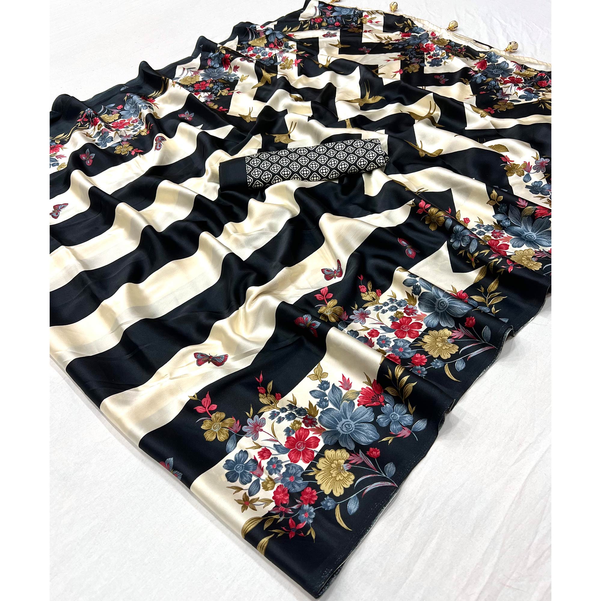 Black Floral Printed Modal Satin Party Wear Saree with a Smooth Satin Finish