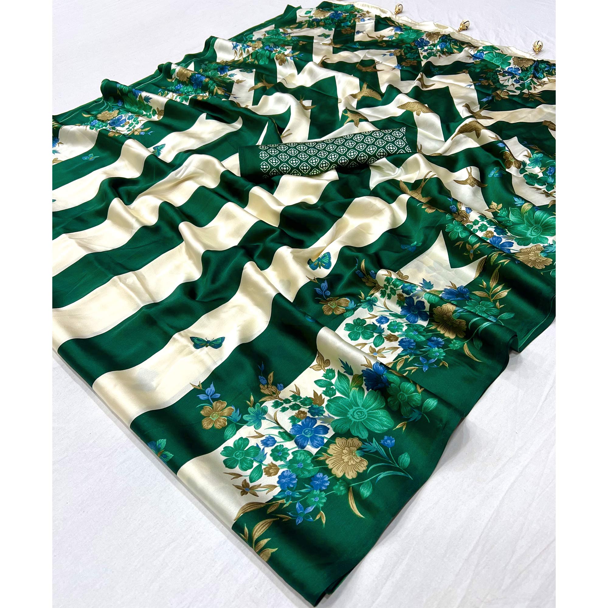 Green Floral Printed Modal Satin Party Wear Saree with a Smooth Satin Finish