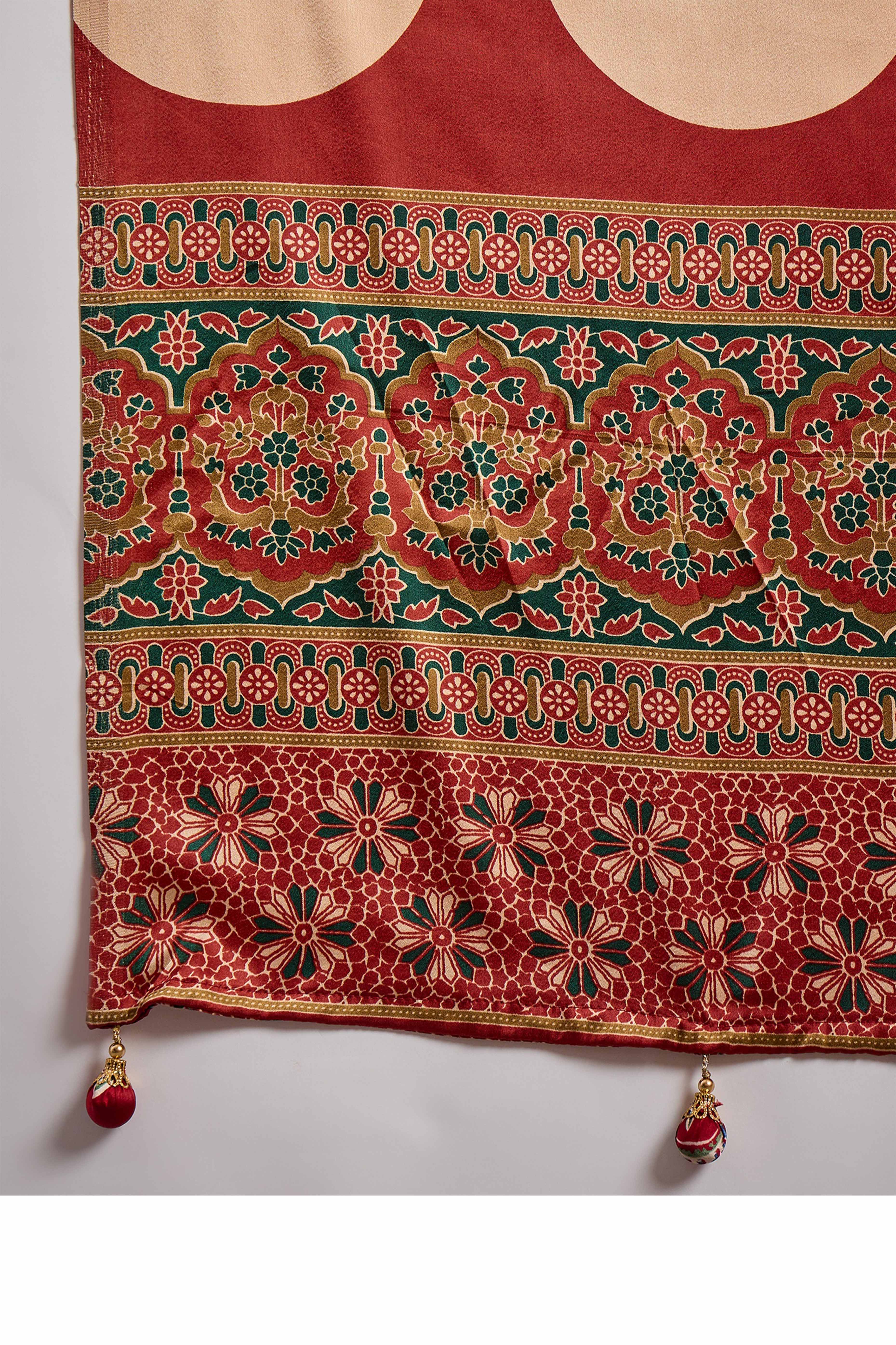 Green Modal Satin Saree with Subtle Stripe Design and Ajrakh Print on Pallu