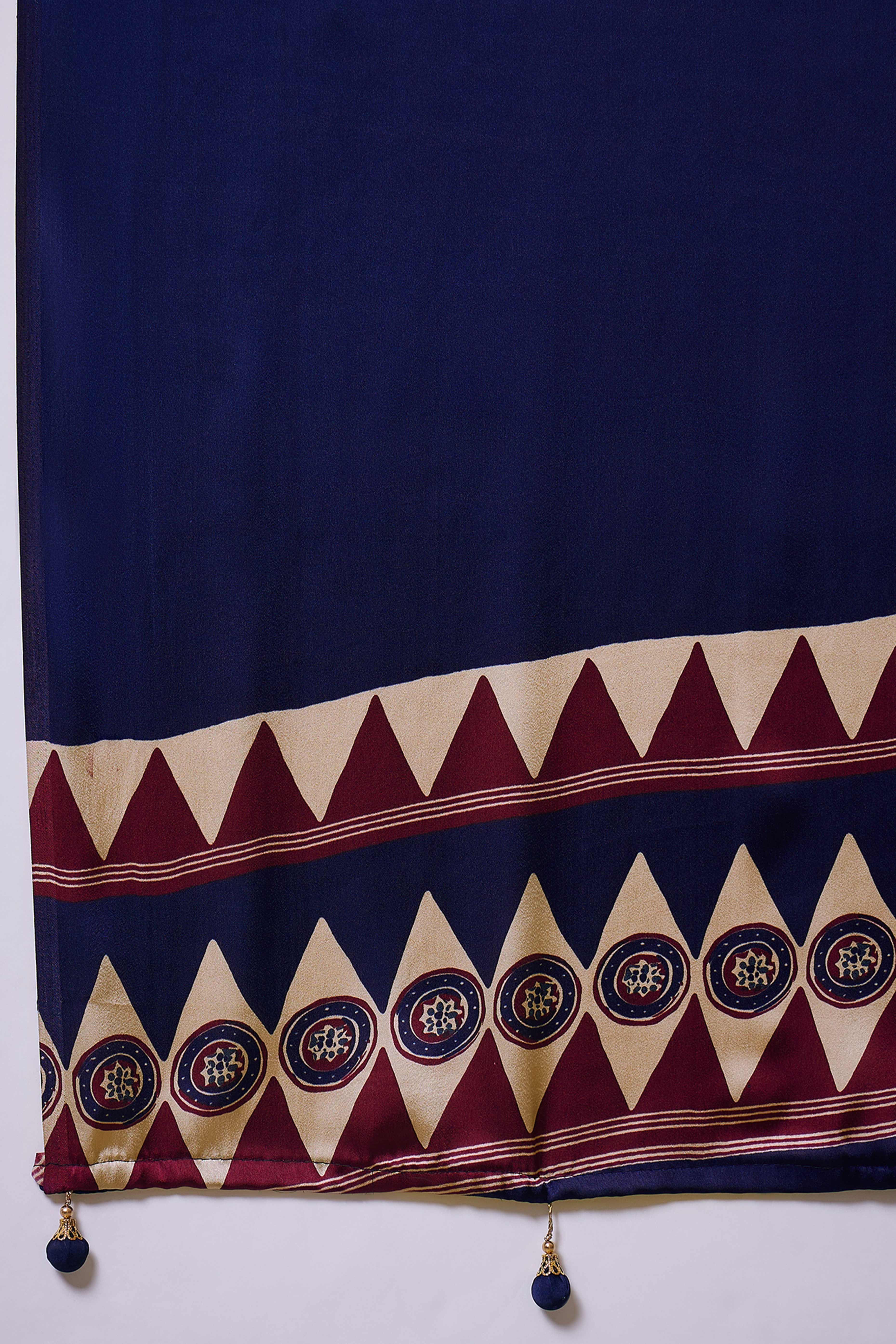 Wine Ajrakh Print Satin Saree With Traditional Charm