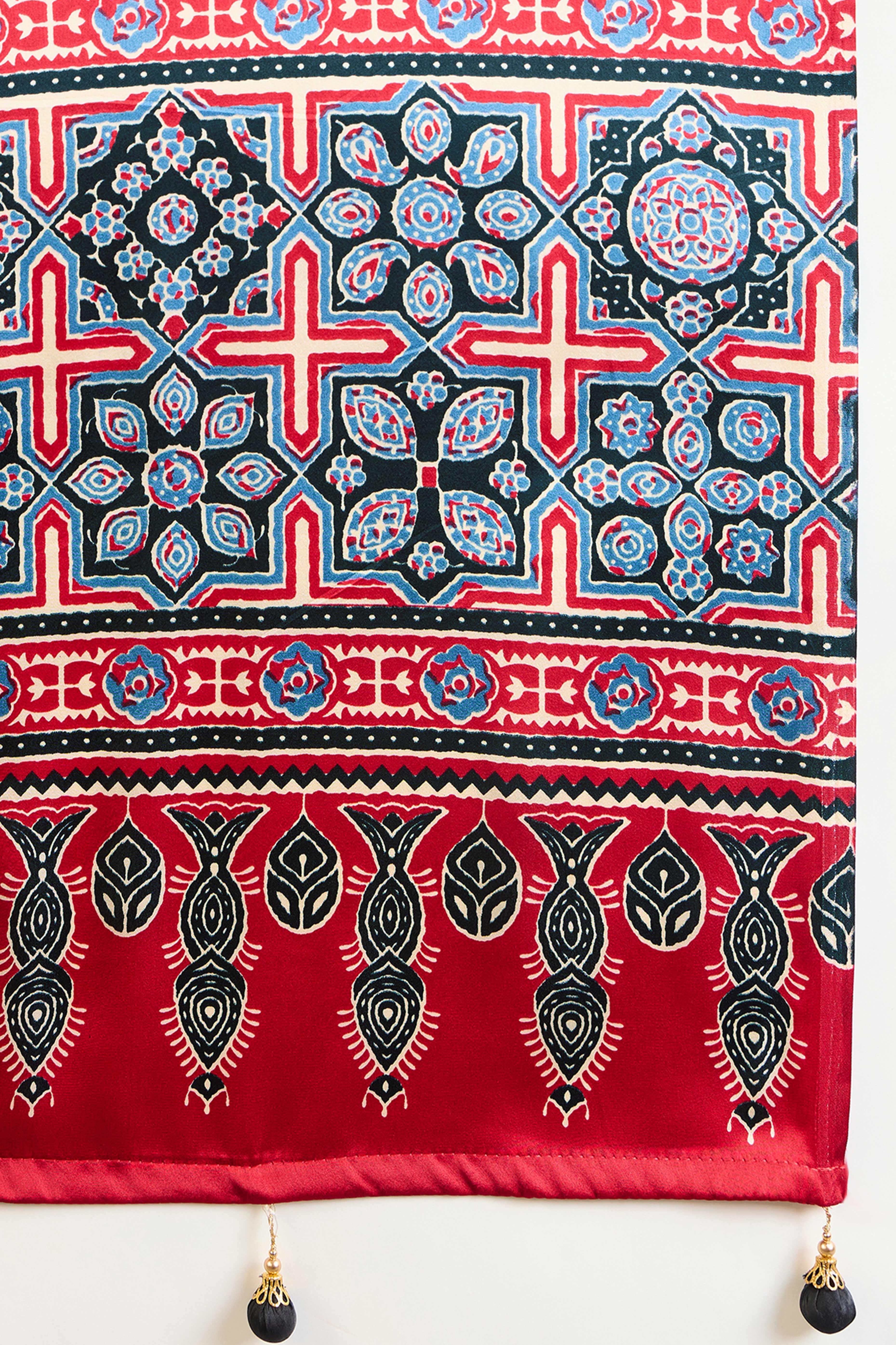 Red Solid Modal Satin Saree Highlighted with Classic Ajrakh Pallu Design