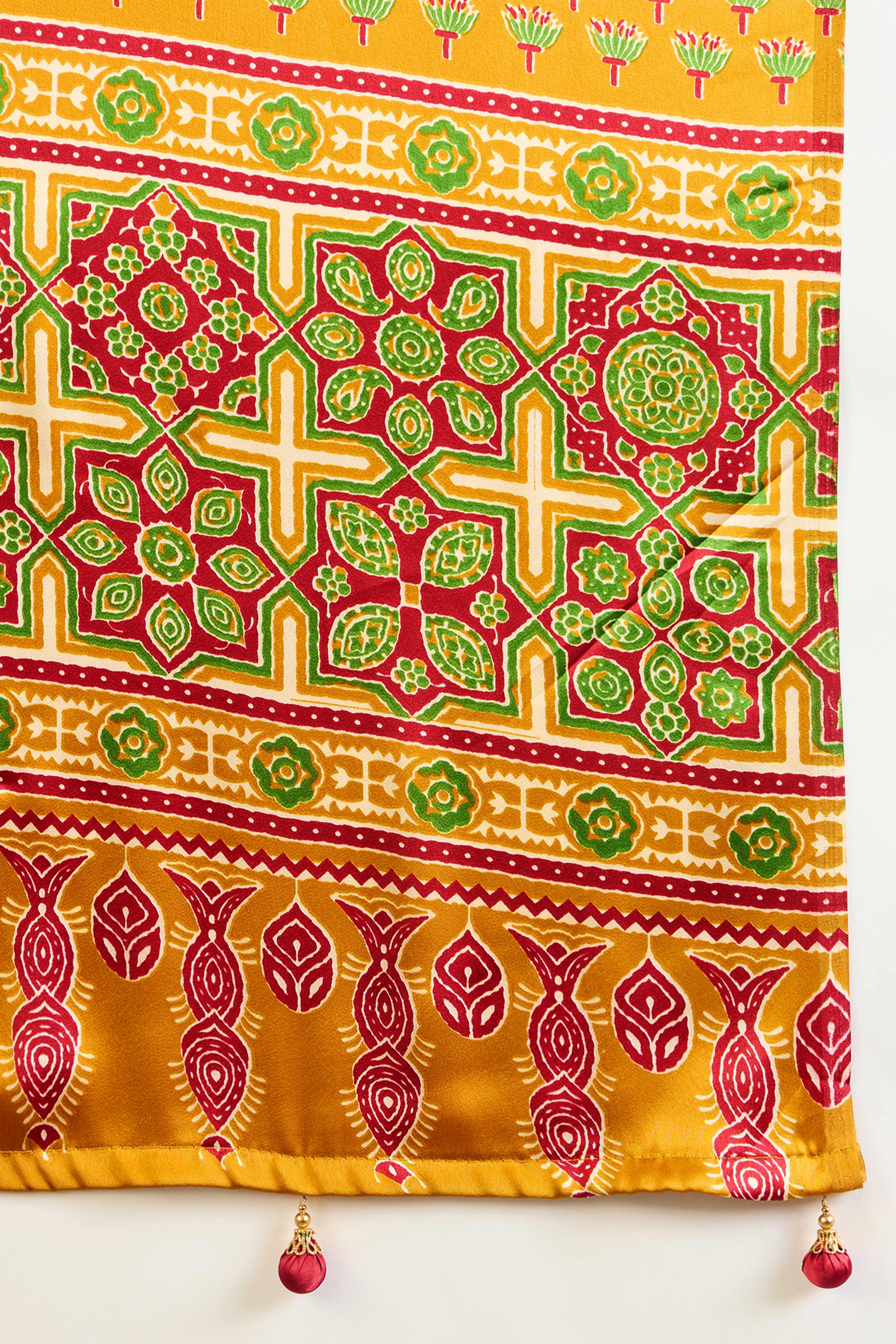 Yellow Solid Modal Satin Saree Highlighted with Classic Ajrakh Pallu Design