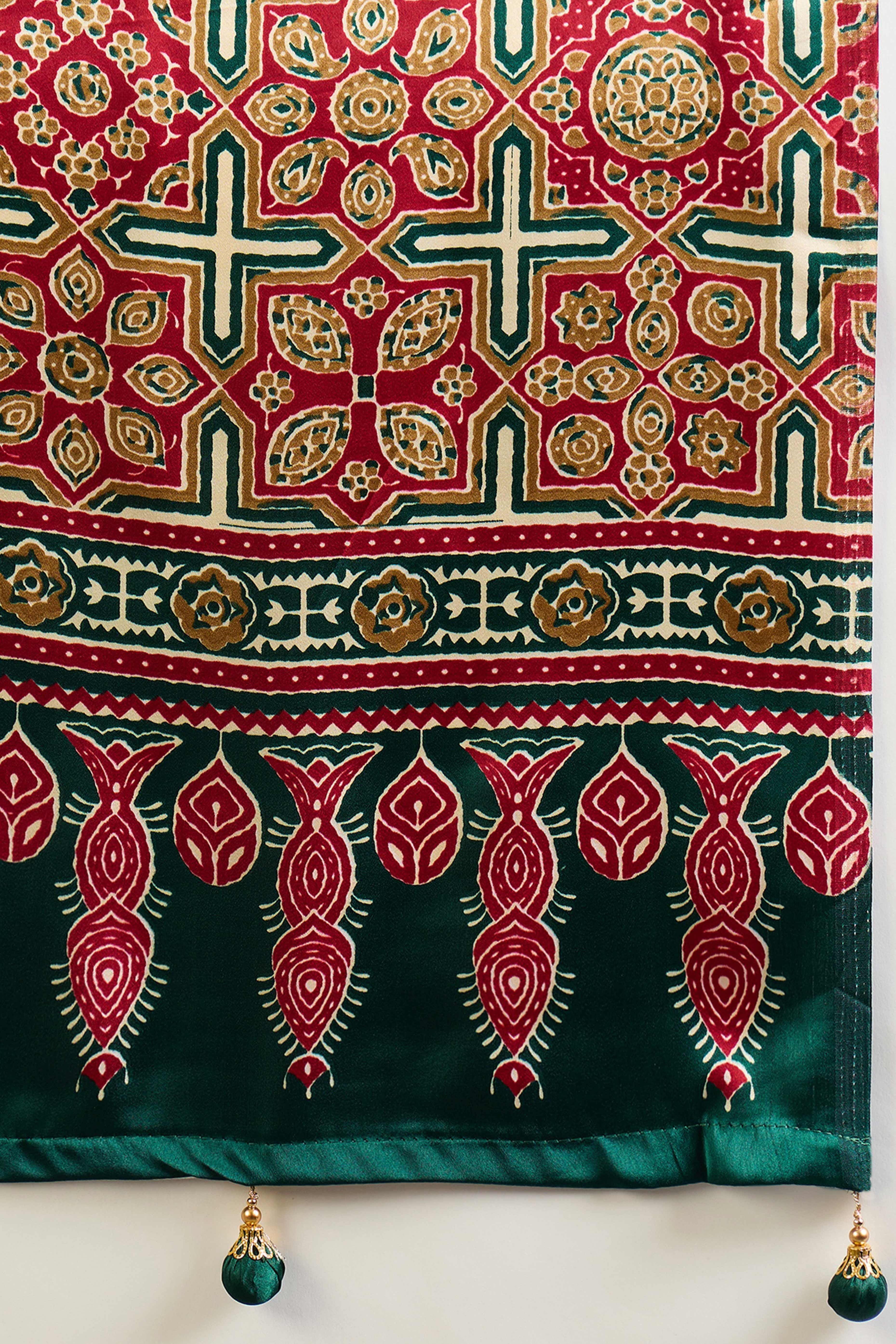 Green Solid Modal Satin Saree Highlighted with Classic Ajrakh Pallu Design
