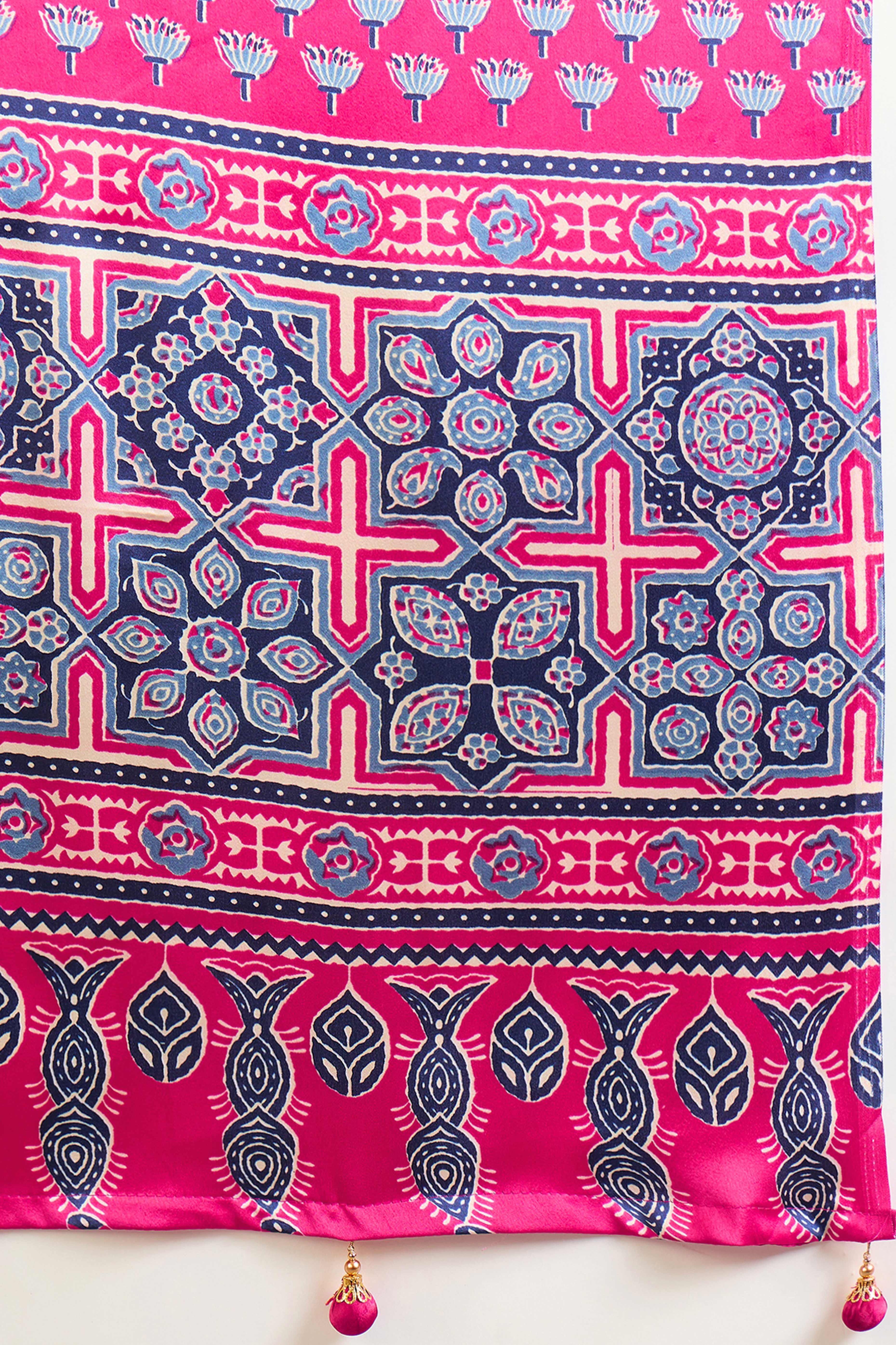 Pink Solid Modal Satin Saree Highlighted with Classic Ajrakh Pallu Design