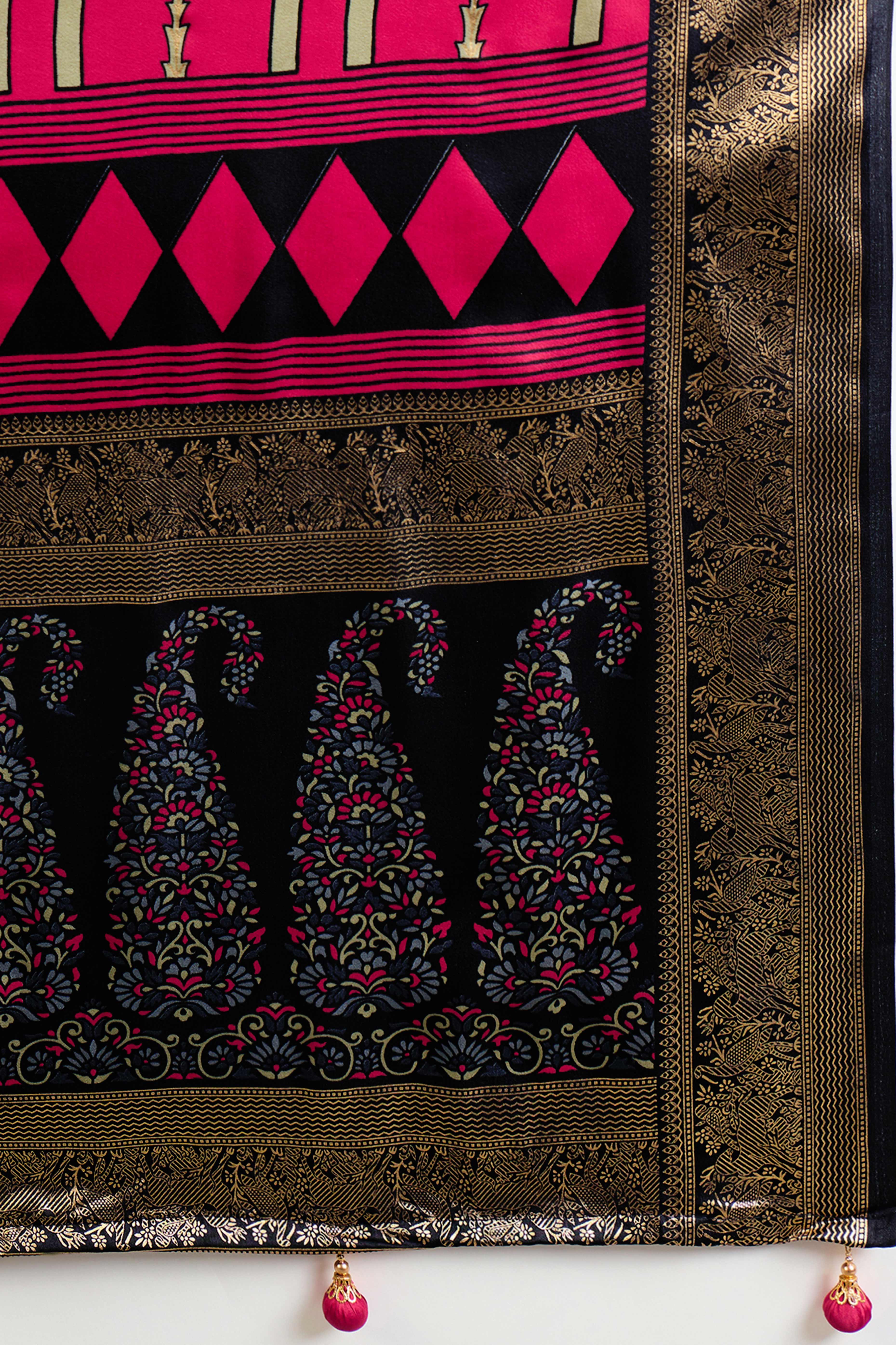 Red Floral Printed Modal Satin Saree with Traditional Zari Detailing