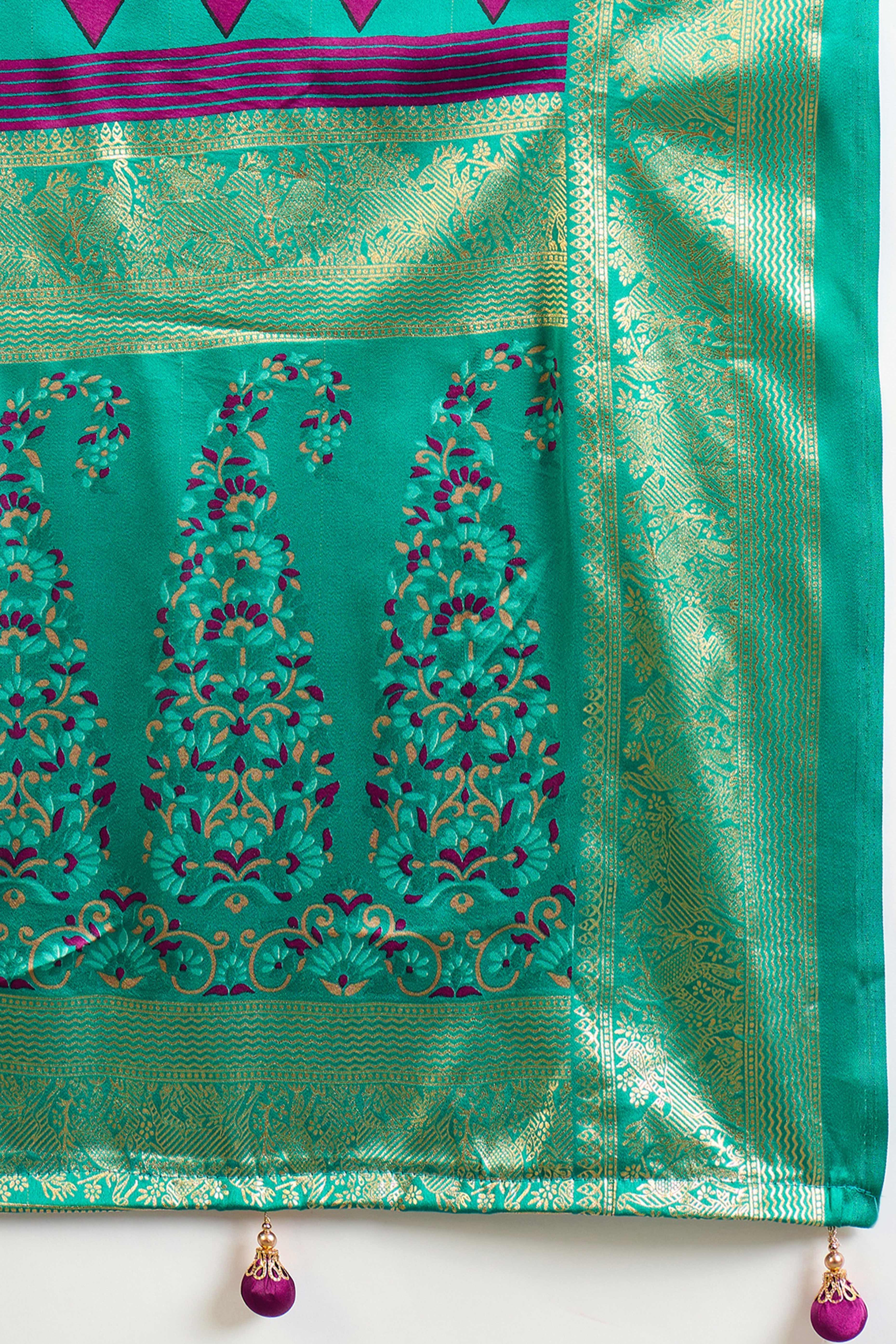 Magenta Floral Printed Modal Satin Saree with Traditional Zari Detailing