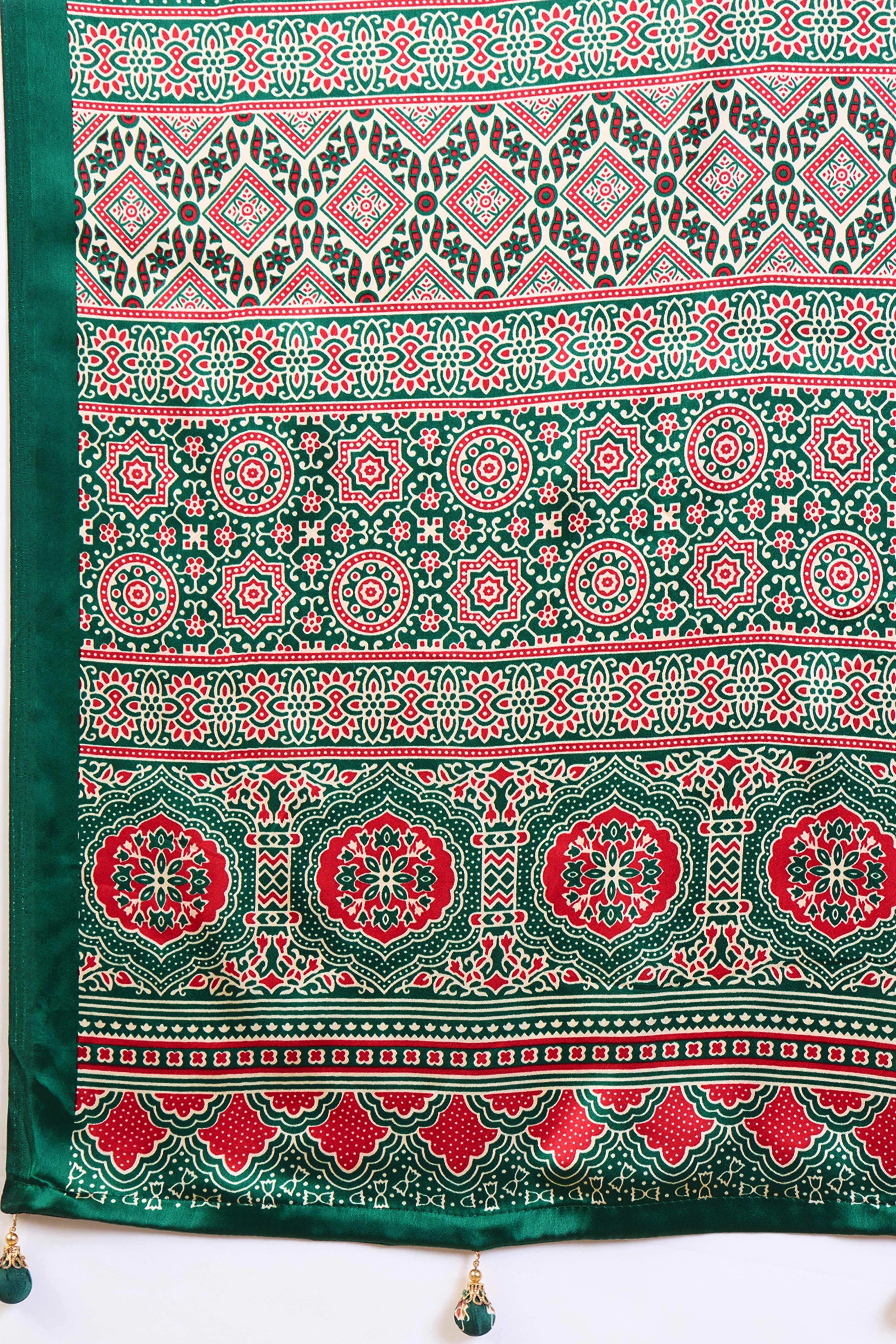 Cream & Green Modal Satin Saree Featuring a Solid Base and Artisanal Ajrakh Pallu