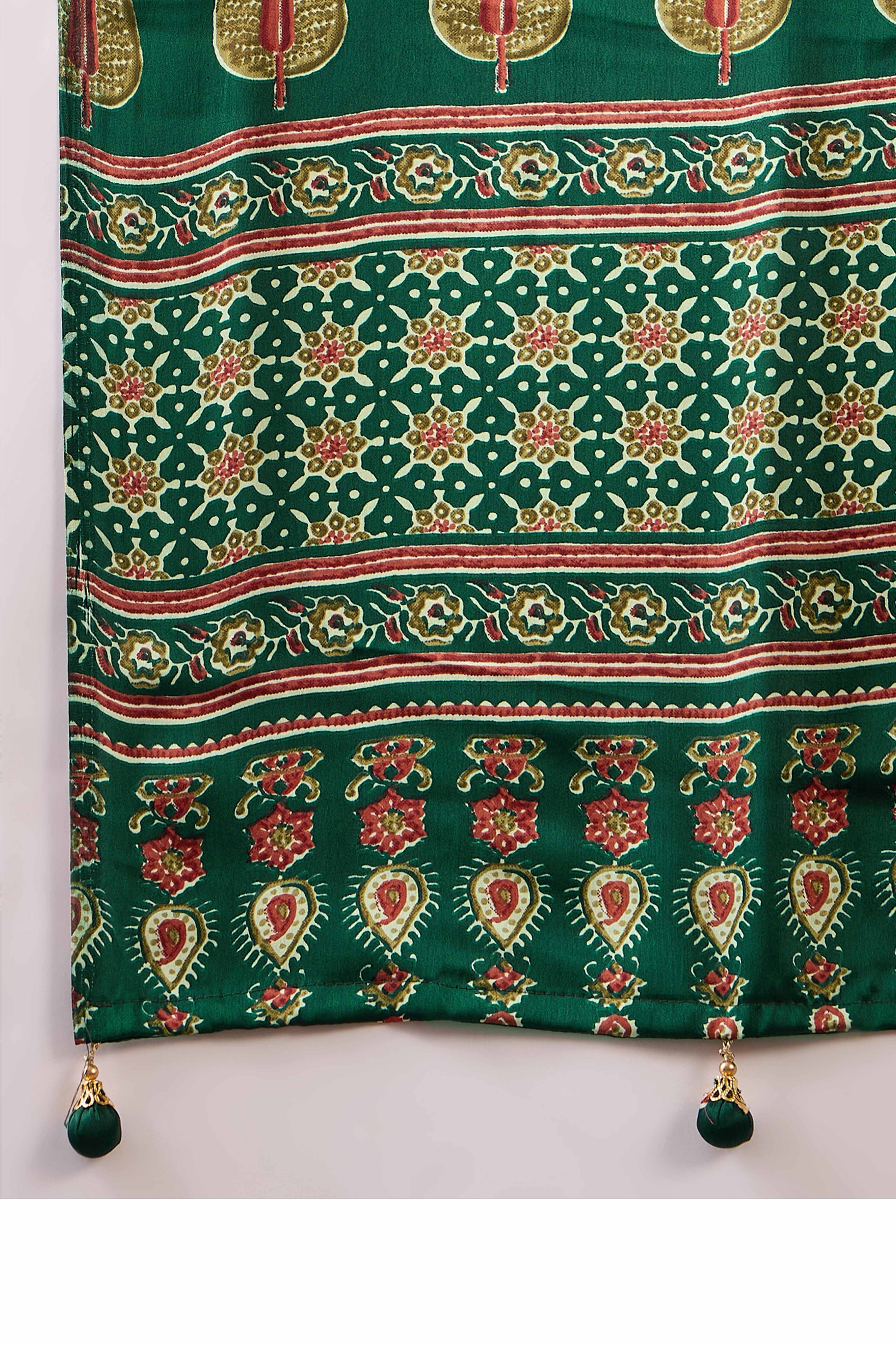 Green Ajrakh Printed Modal Satin Saree with Rich Party Wear Look