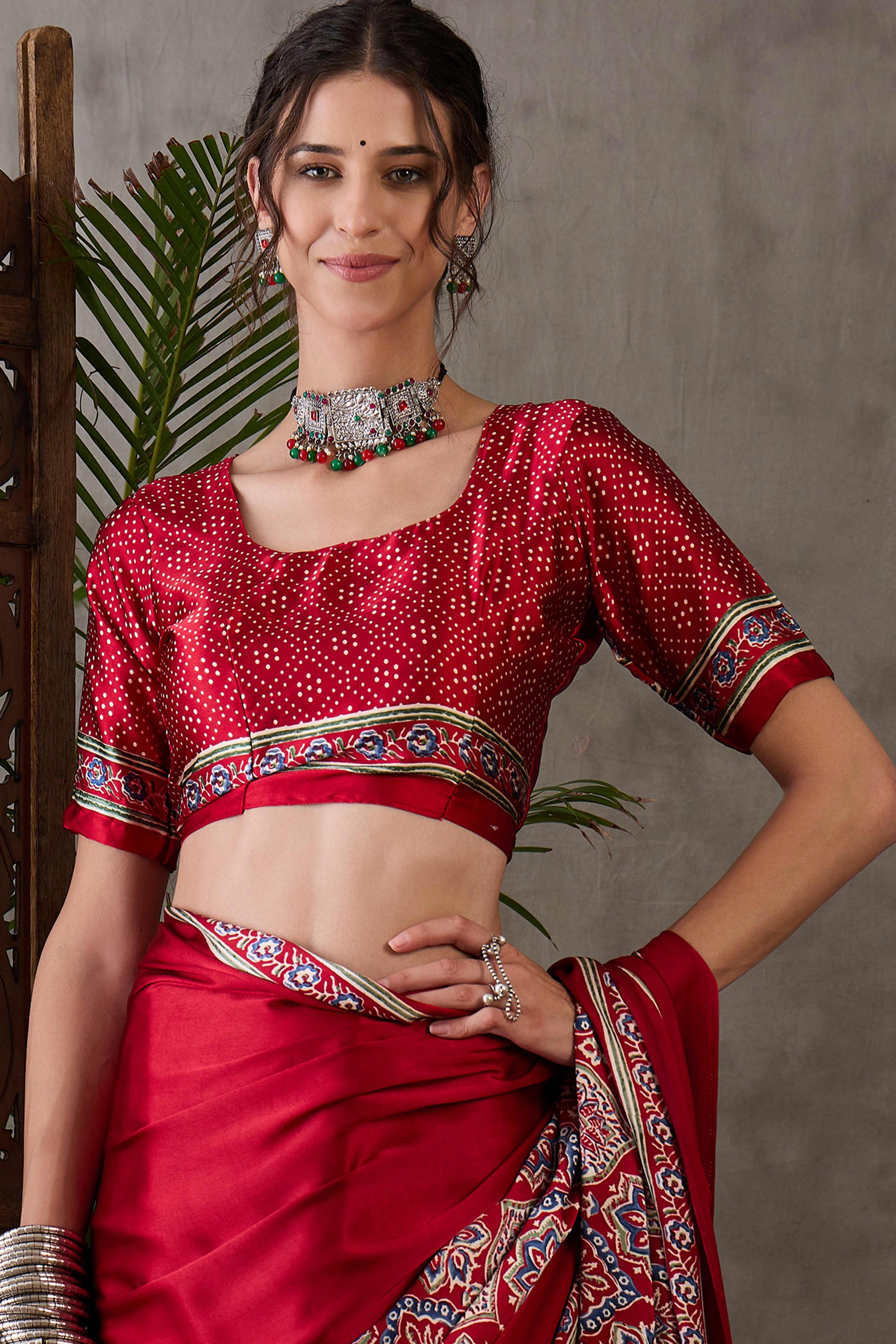 Red Ajrakh Printed Modal Satin Saree with Rich Party Wear Look