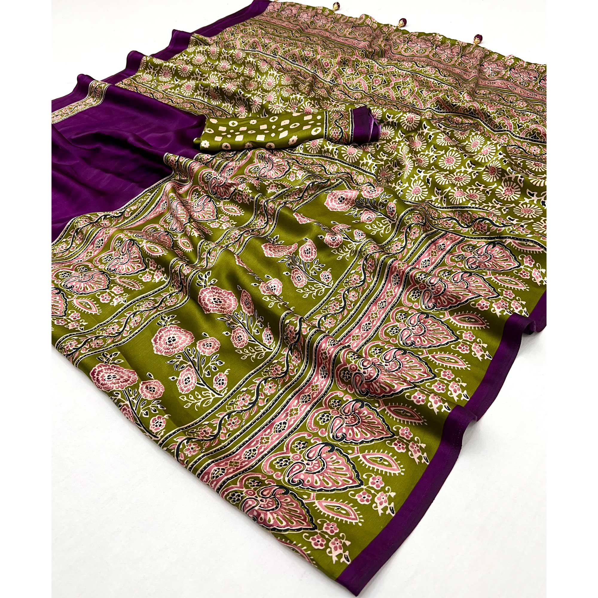 Purple & Green Ajrakh Printed Modal Satin Saree with Elegant Party Wear Appeal