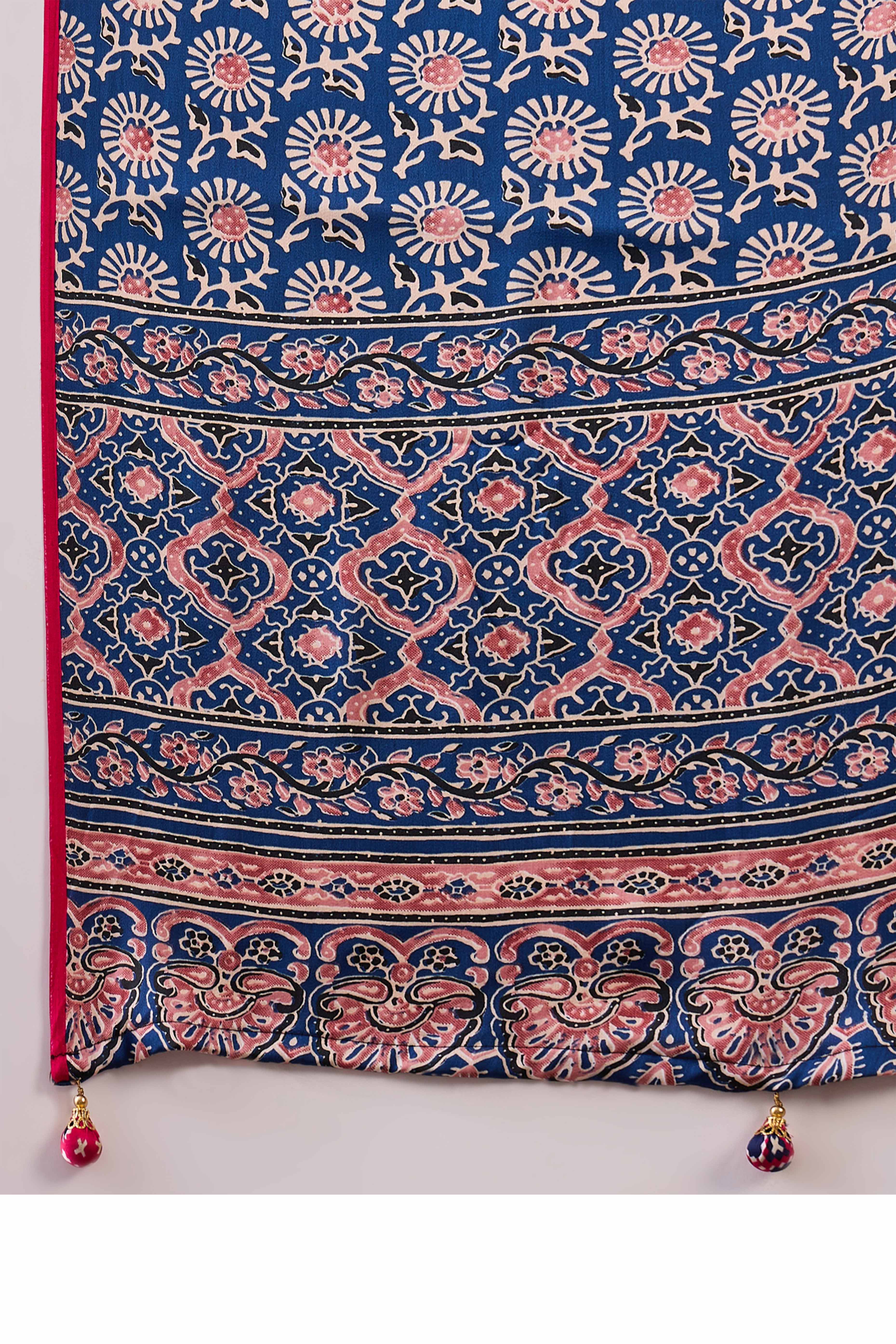 Pink & Blue Ajrakh Printed Modal Satin Saree with Elegant Party Wear Appeal