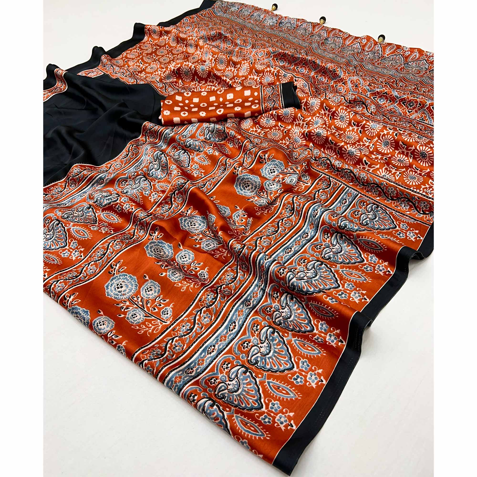 Black & Rust Ajrakh Printed Modal Satin Saree with Elegant Party Wear Appeal