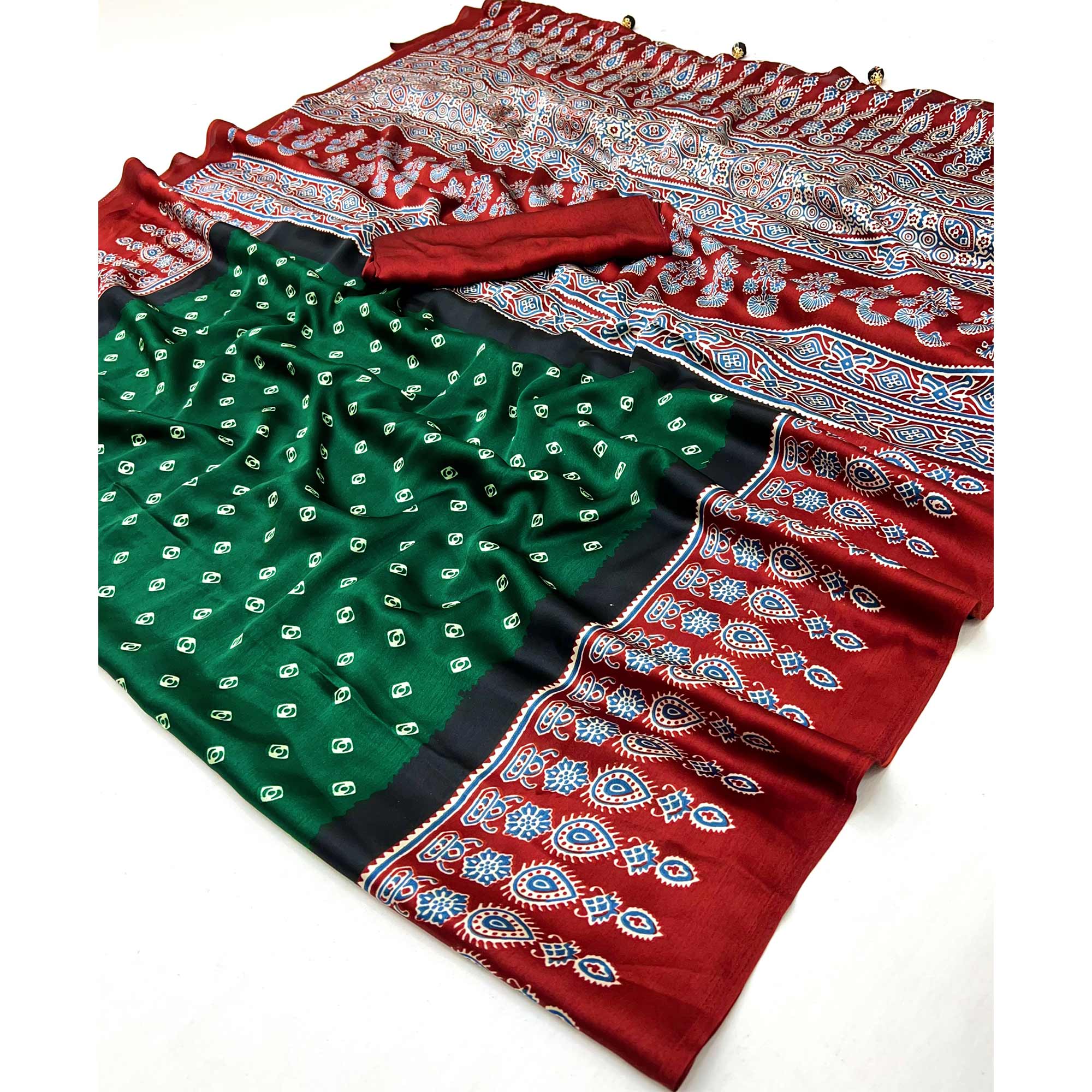 Green Ajrakh Printed Modal Satin Saree with Traditional Ajrakh Charm