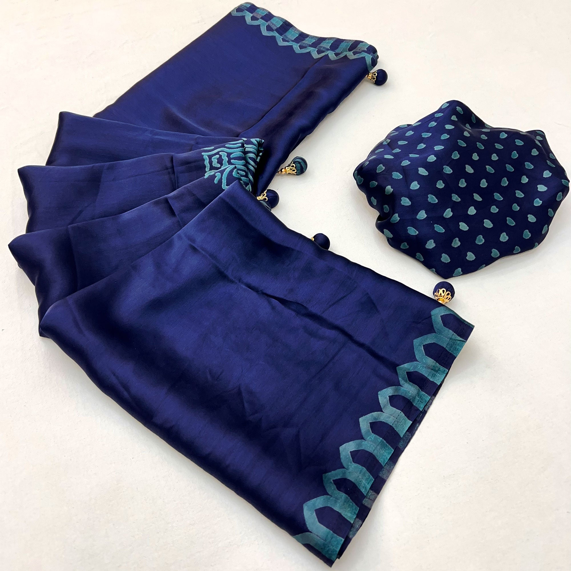 Blue Free Style Printed Modal Satin Party Wear Saree with a Smooth Satin Drape
