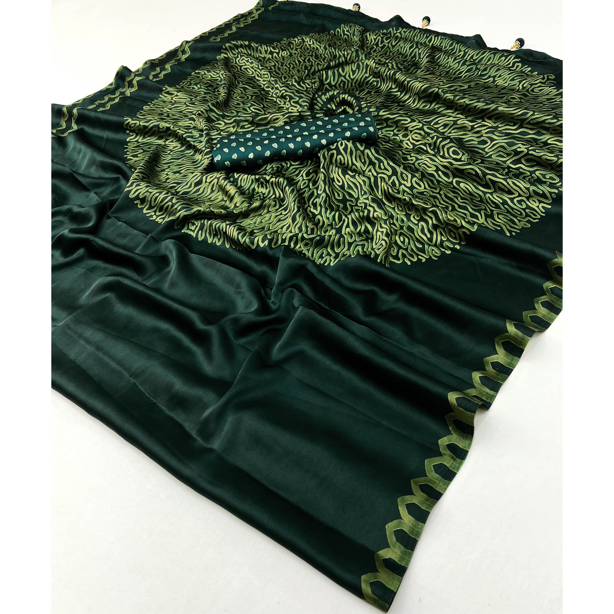 Green Free Style Printed Modal Satin Party Wear Saree with a Smooth Satin Drape