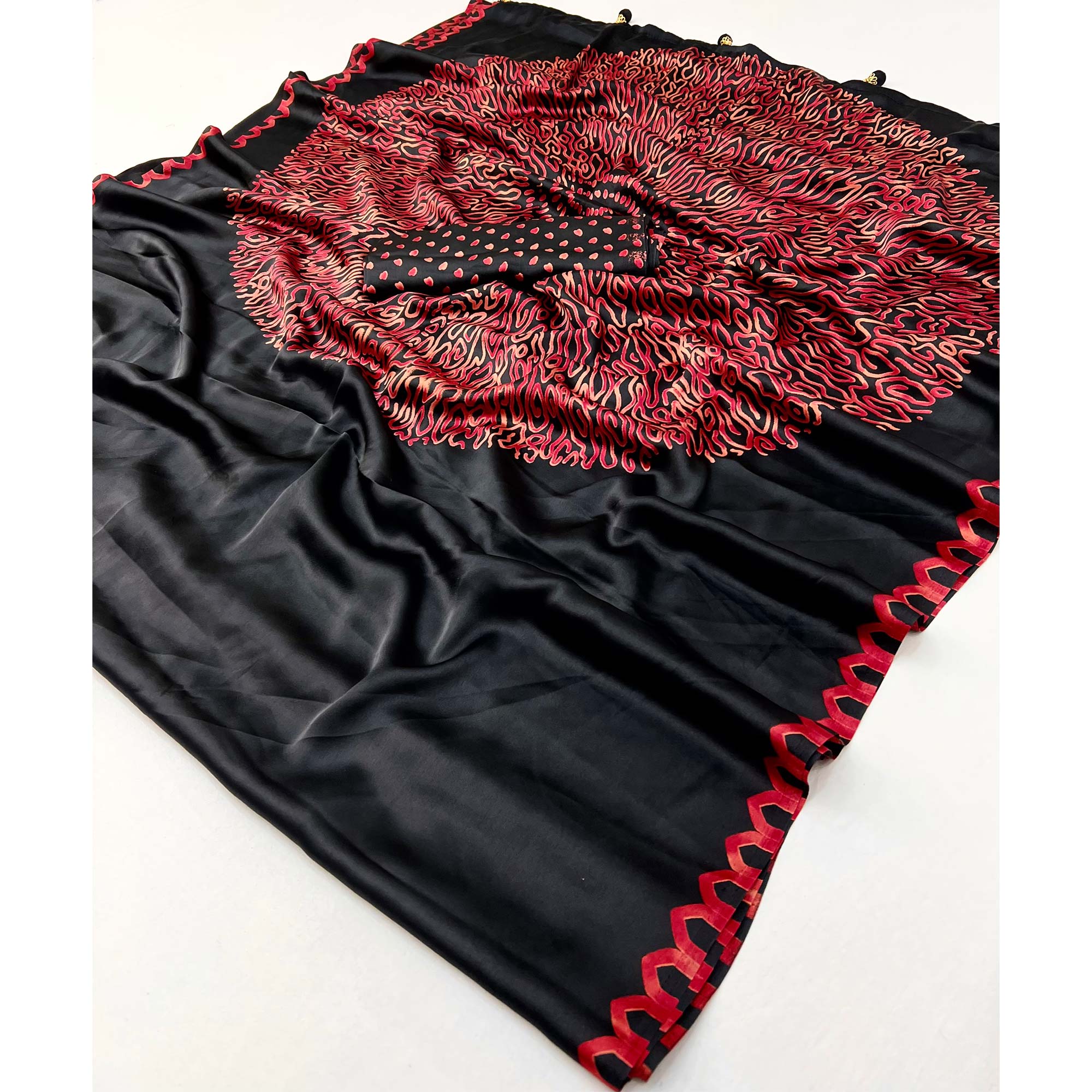 Black Free Style Printed Modal Satin Party Wear Saree with a Smooth Satin Drape