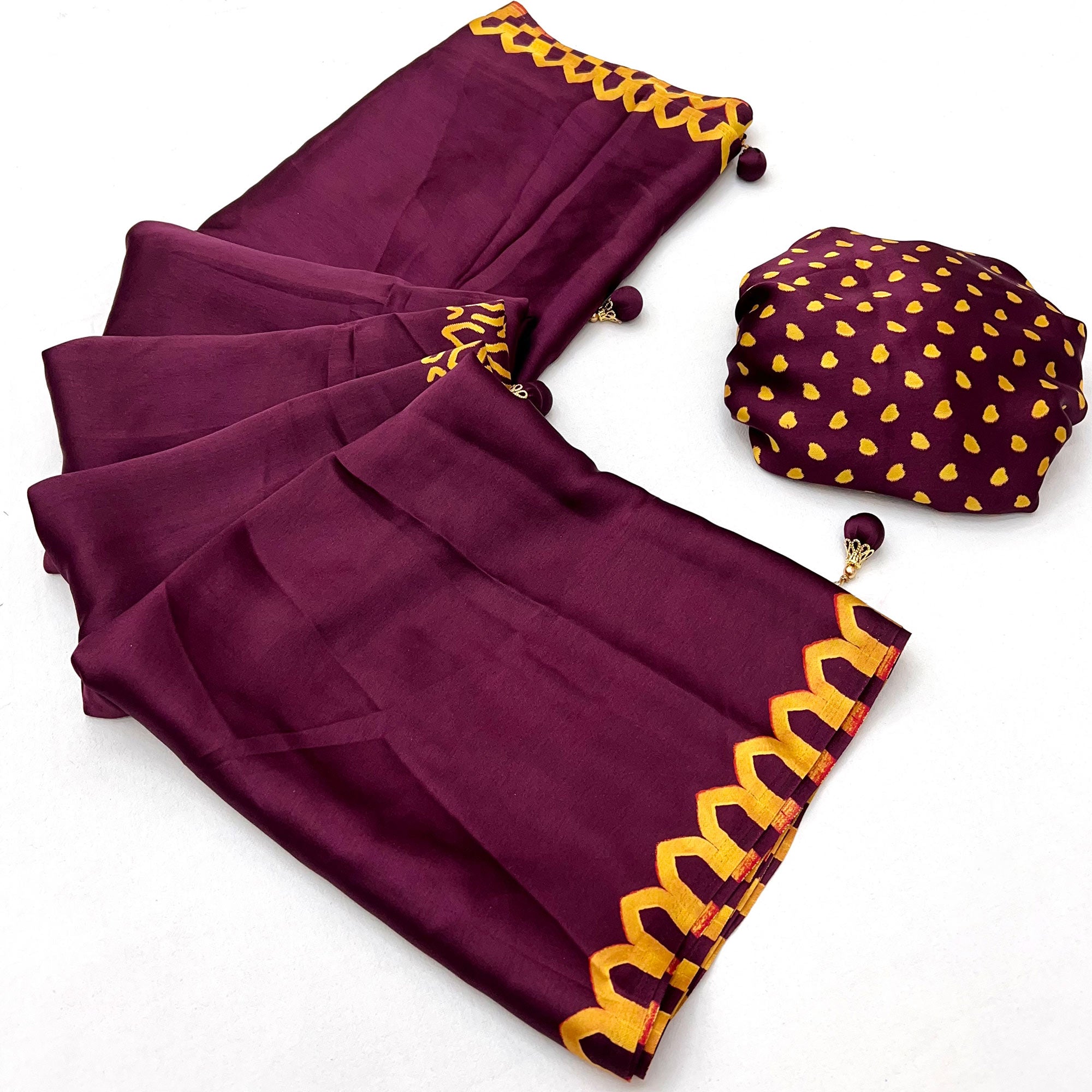 Wine Free Style Printed Modal Satin Party Wear Saree with a Smooth Satin Drape