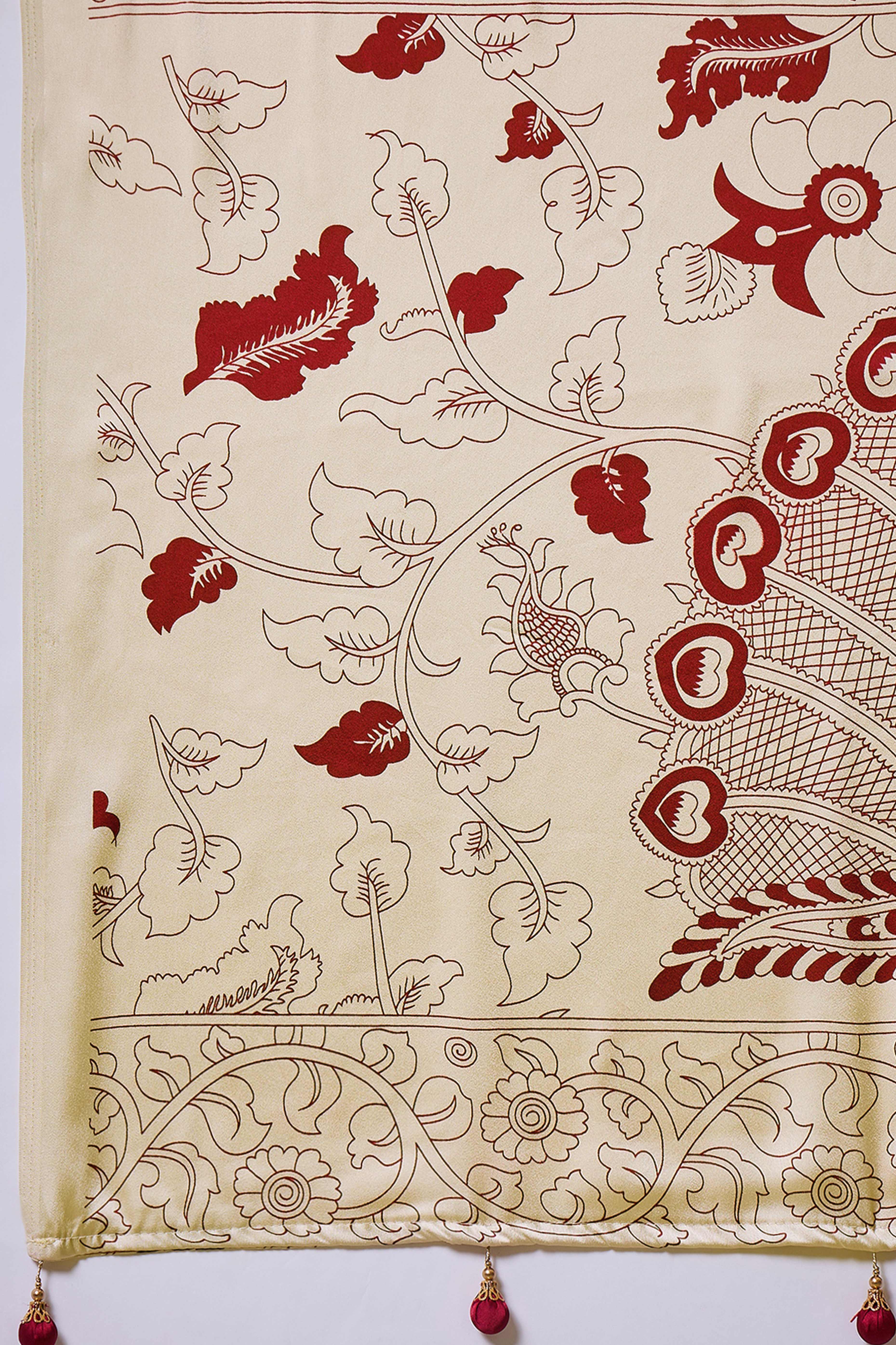 Red Kalamkari Style Modal Satin Saree Featuring Intricate Artistic Prints