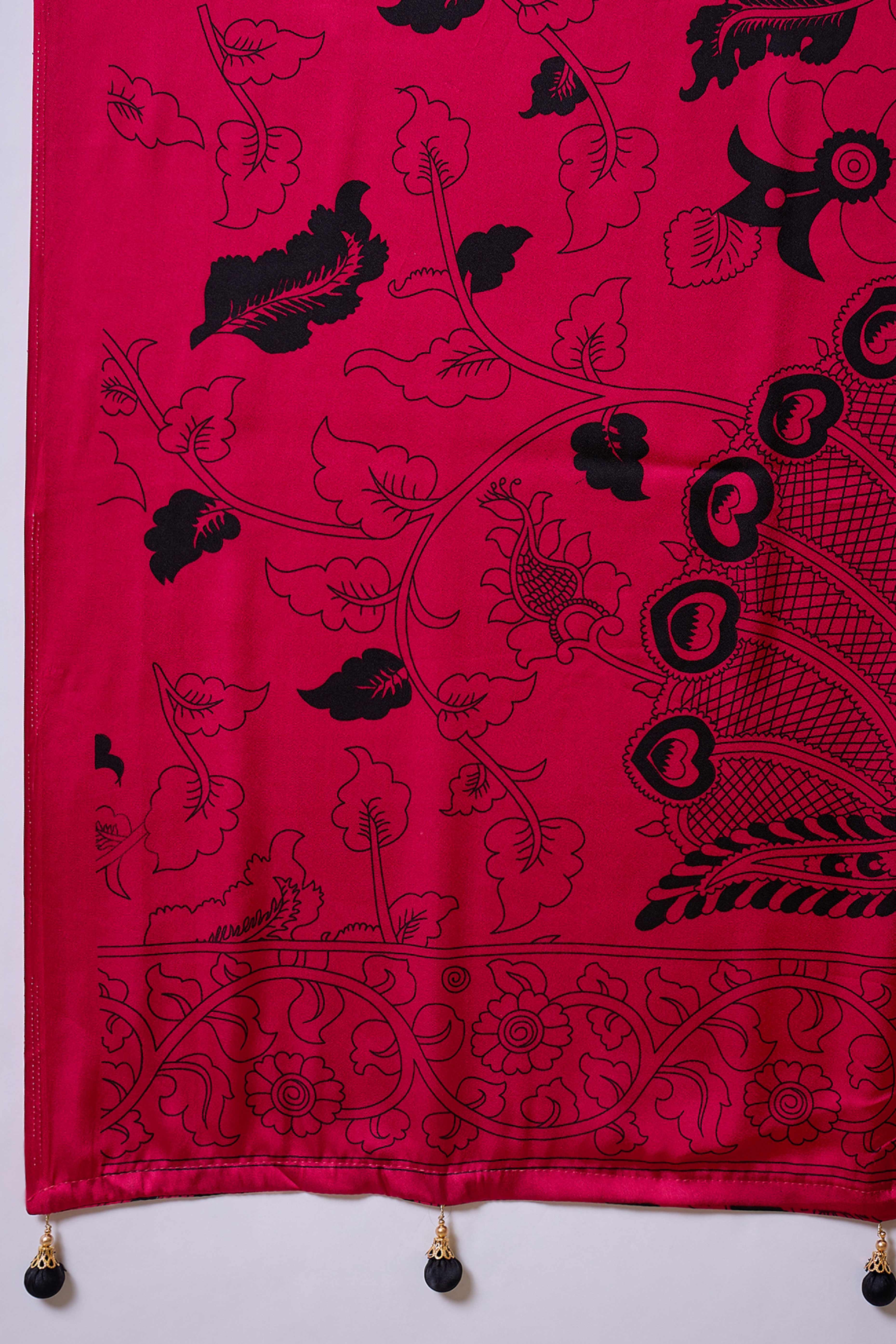 Black & Pink Kalamkari Style Modal Satin Saree Featuring Intricate Artistic Prints