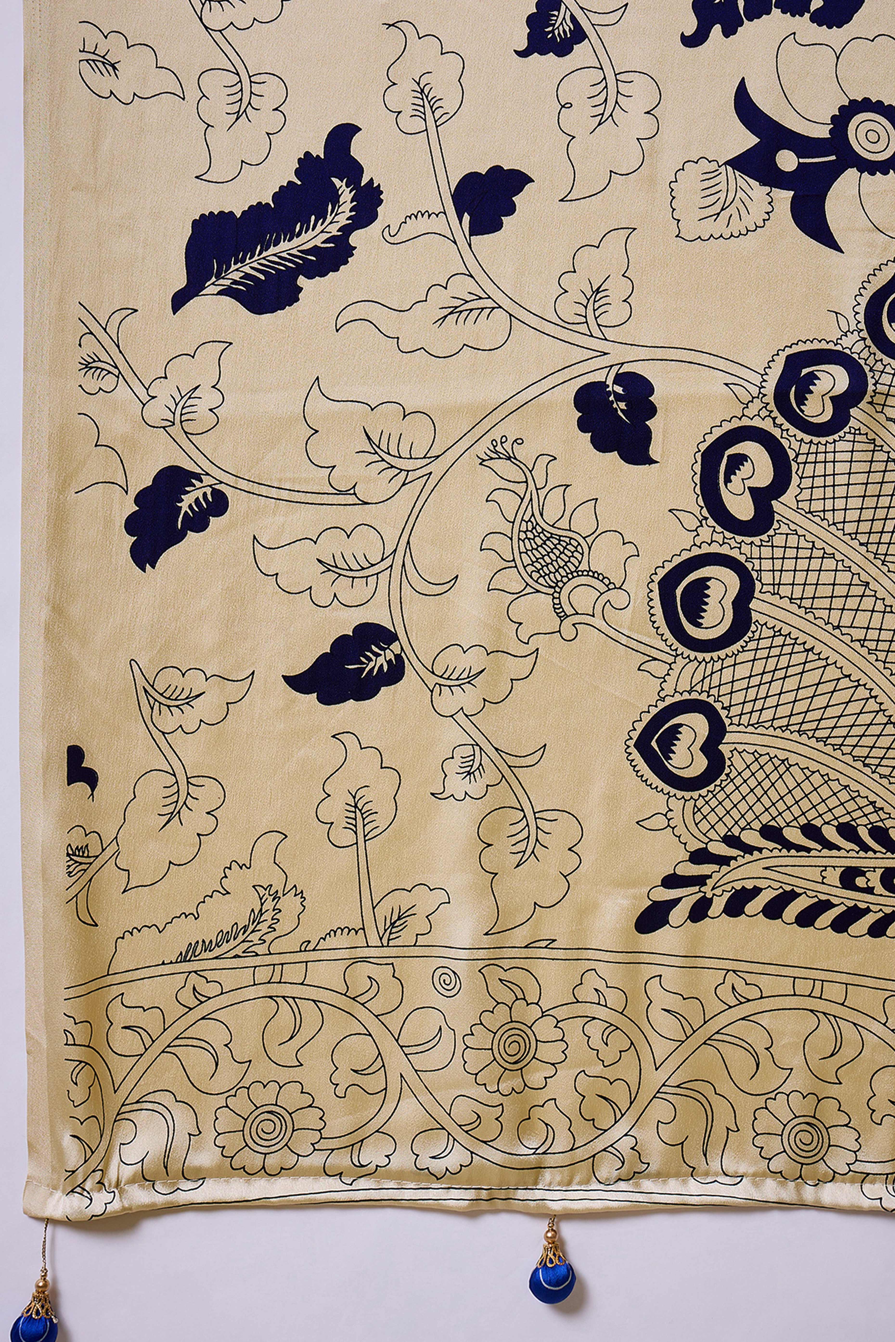 Blue Kalamkari Style Modal Satin Saree Featuring Intricate Artistic Prints