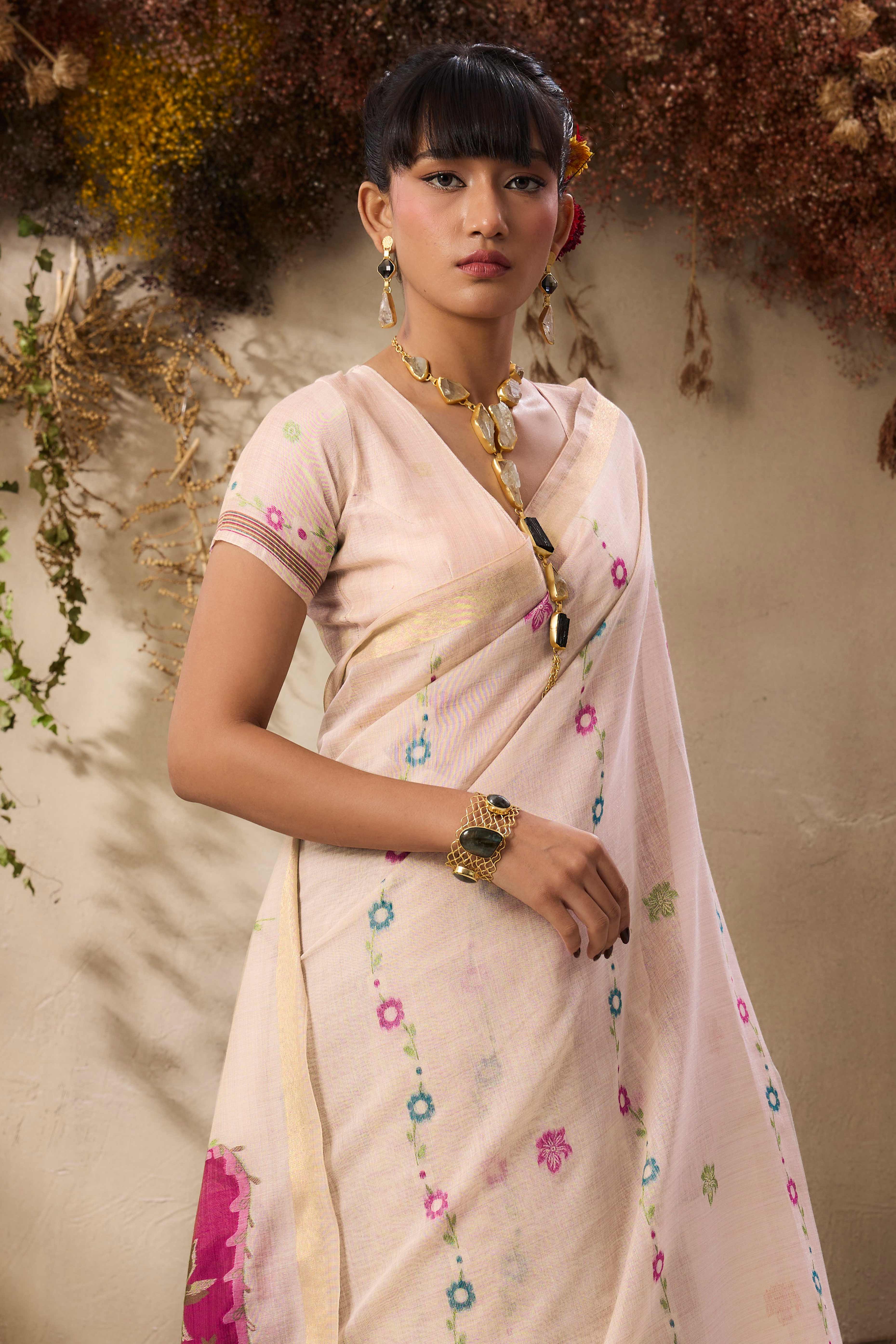 Cream Handloom Munga Cotton Blend Saree with Elegant Floral Weaving