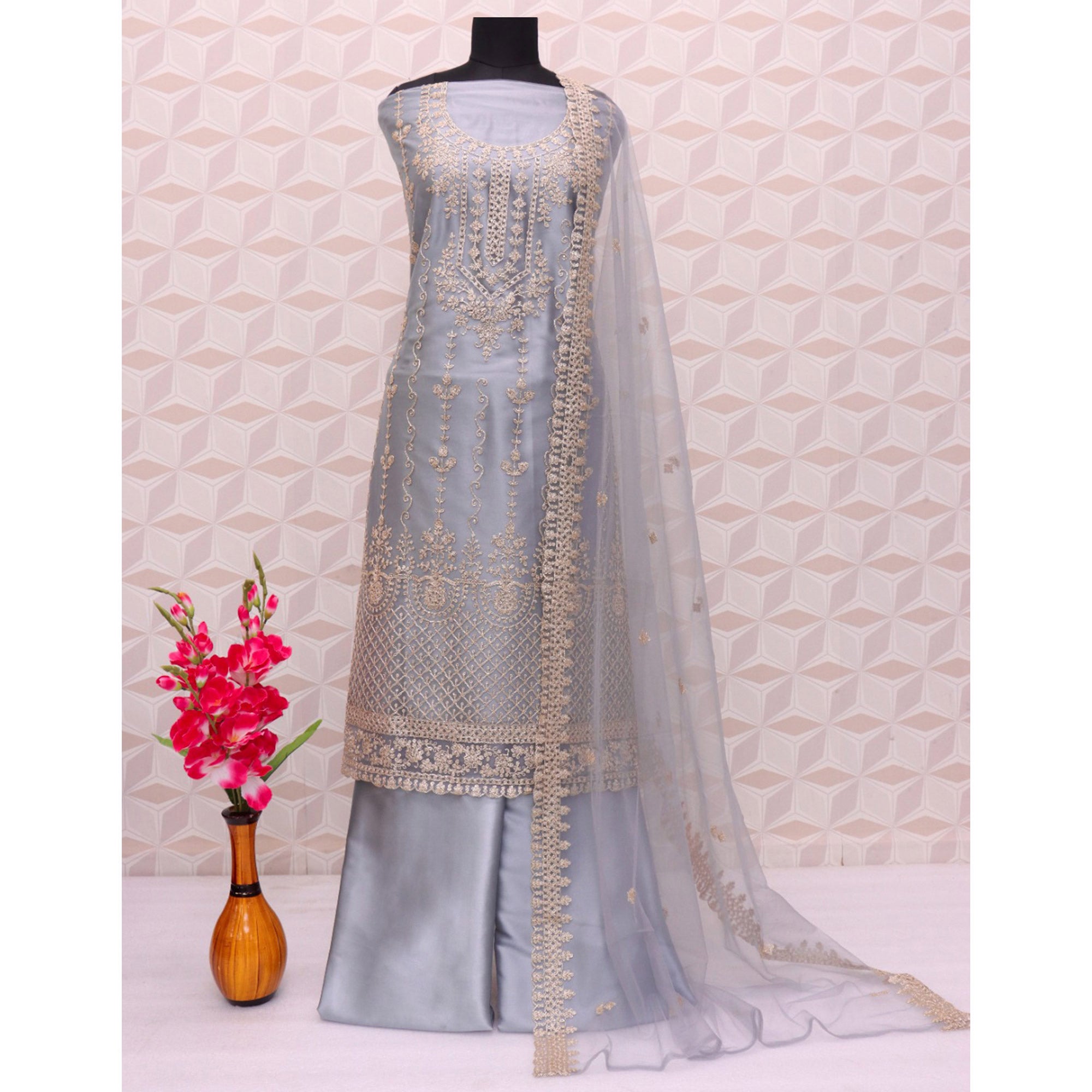 Grey Sequins Embroidered Net Semi Stitched Pakistani Suit